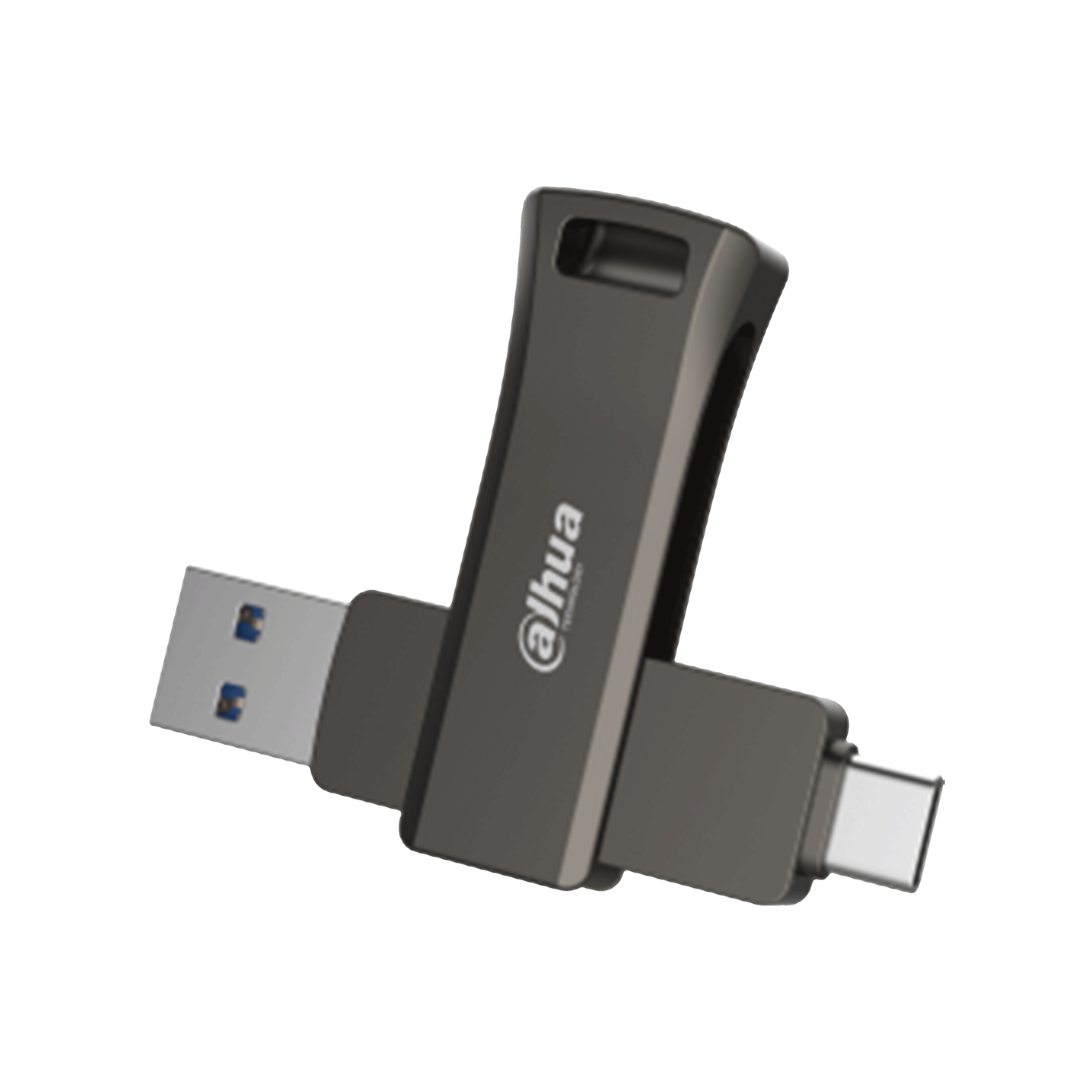 Ciemnoszary pendrive z dwoma złączami, USB i USB-C. Marka na urządzeniu.