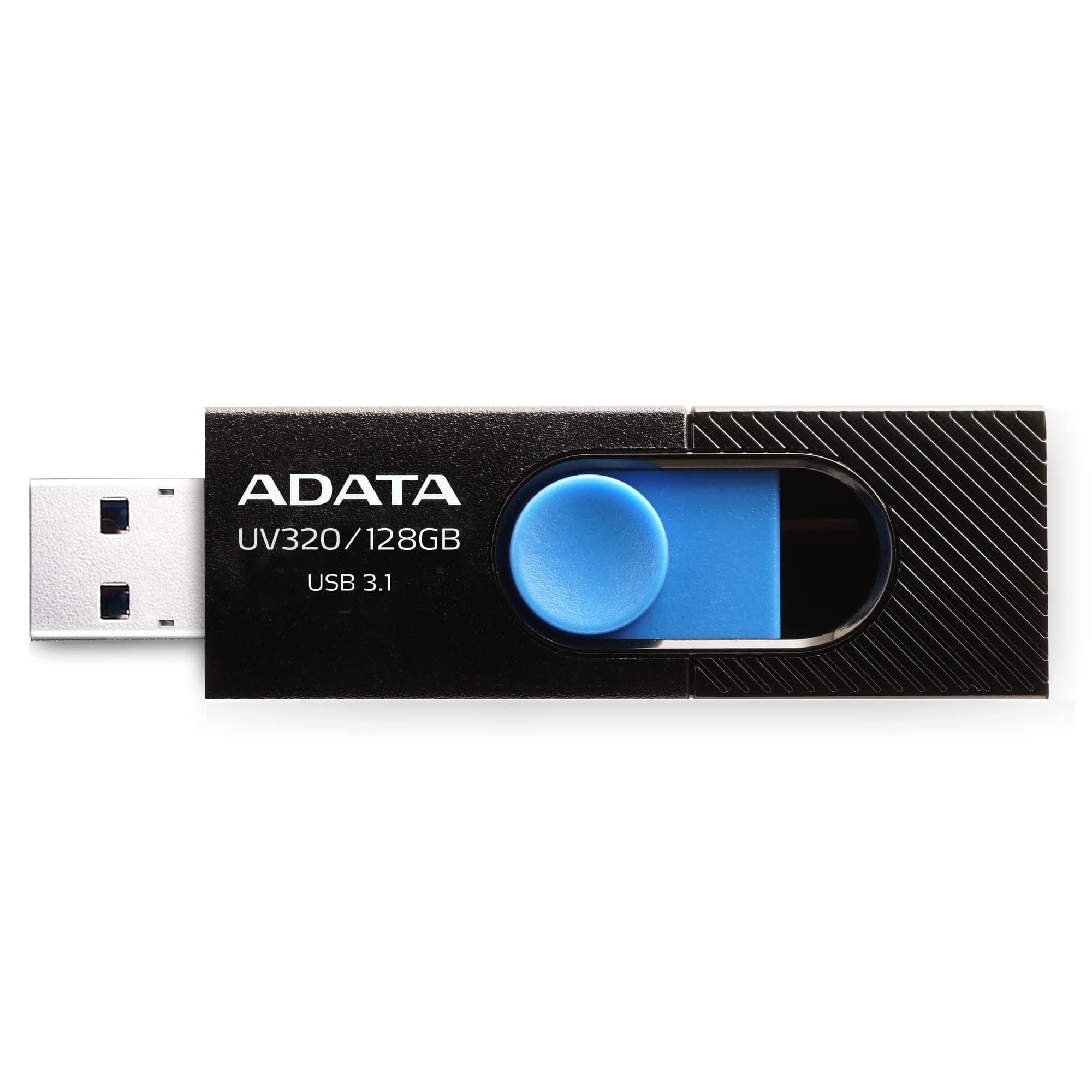 Clé USB ADATA noire. Bouton coulissant bleu. Texte blanc Adata UV320/128 Go dessus.