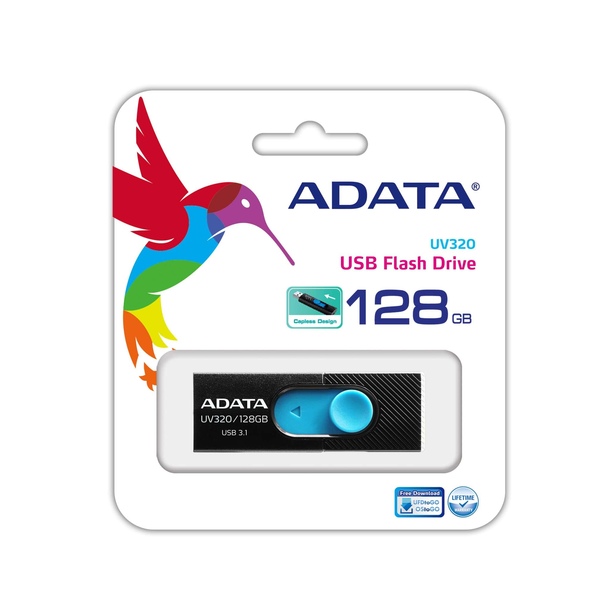 Emballage de clé USB ADATA avec un graphique de colibri et une capacité de 128 Go.
