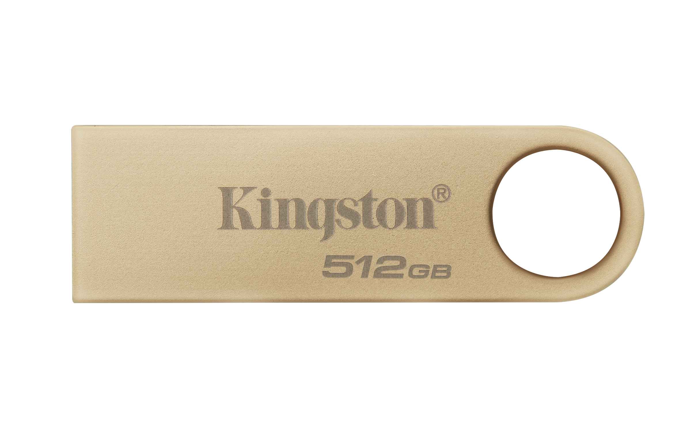 Złoty pendrive Kingston. Widoczny tekst 'Kingston 512GB'. Białe tło.