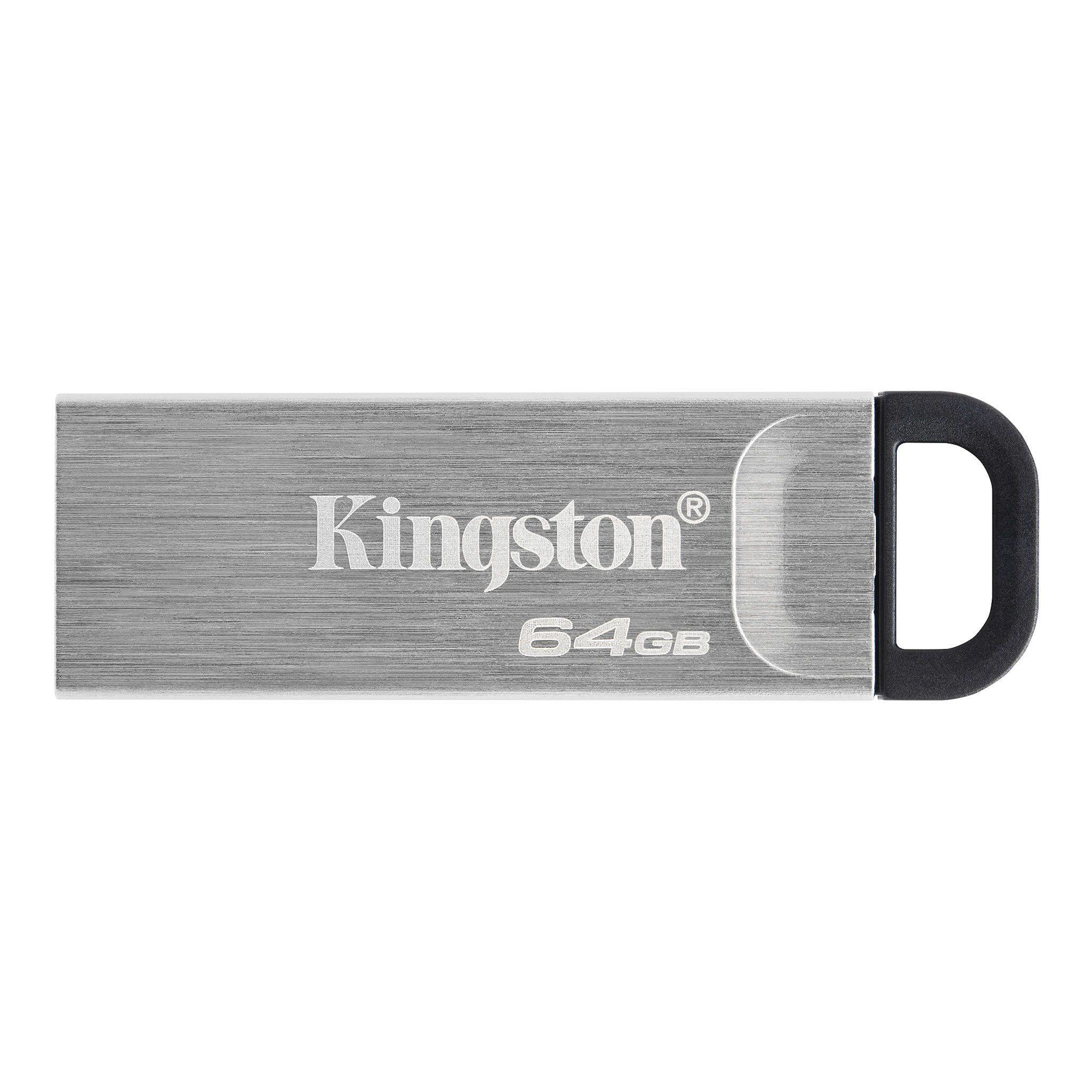 Chiavetta USB Kingston argentata con logo "Kingston" ed etichetta "64GB".