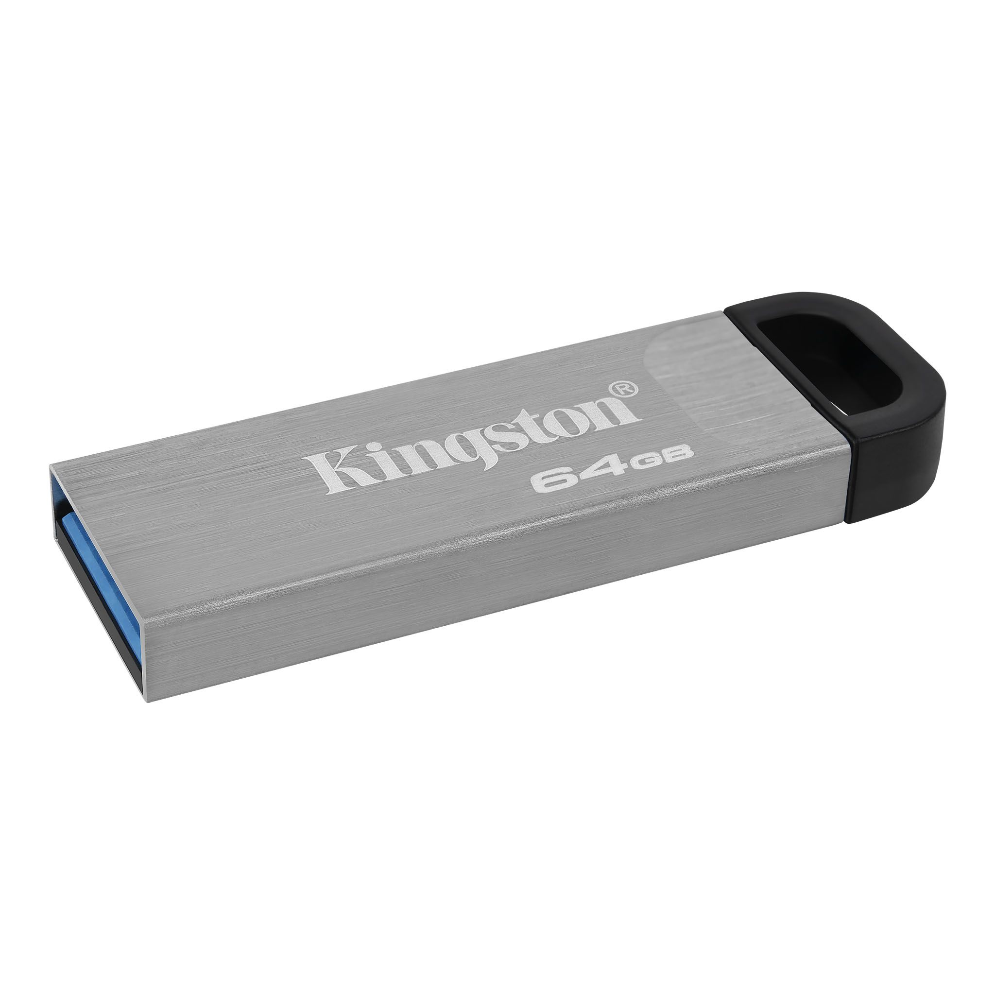 Chiavetta USB Kingston argento da 64 GB con manico nero.