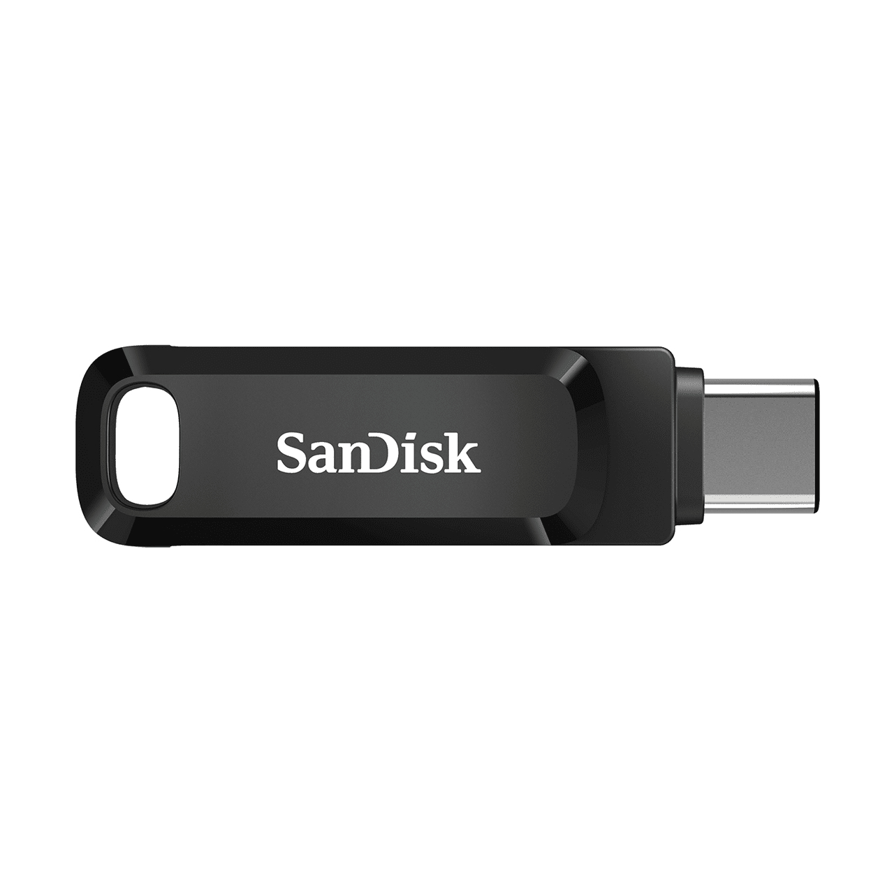 Schwarzer SanDisk USB-Stick mit silbernem Anschluss, weißer Hintergrund.