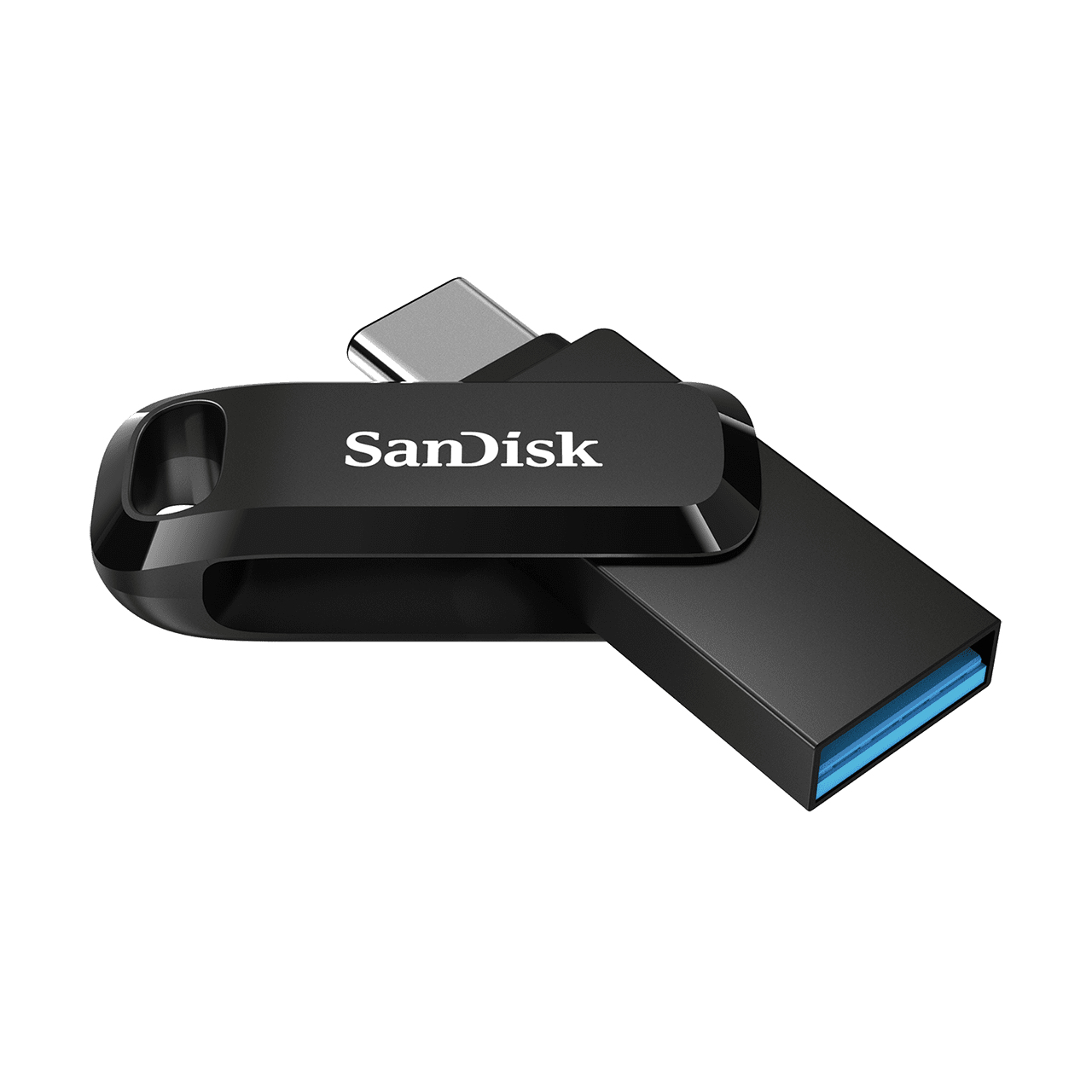 Schwarzer Sandisk USB-Stick mit silbernem Anschluss, schräg auf weiß.