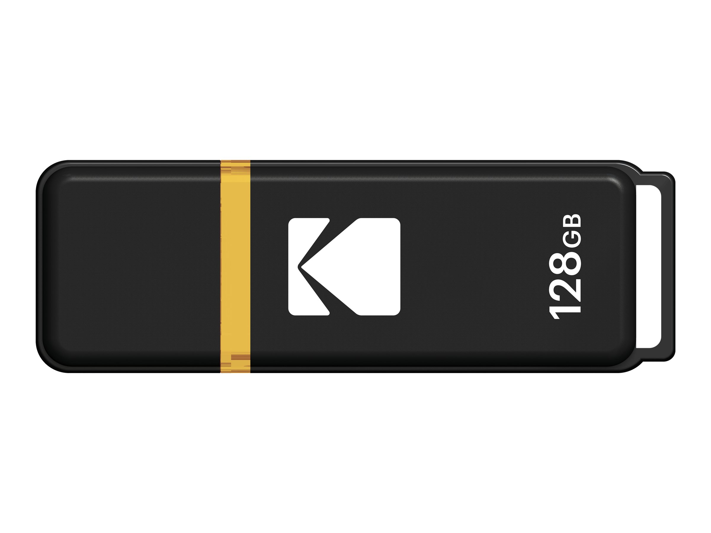 Czarny pendrive Kodak. Posiada białe logo Kodak i napis '128GB' z boku.