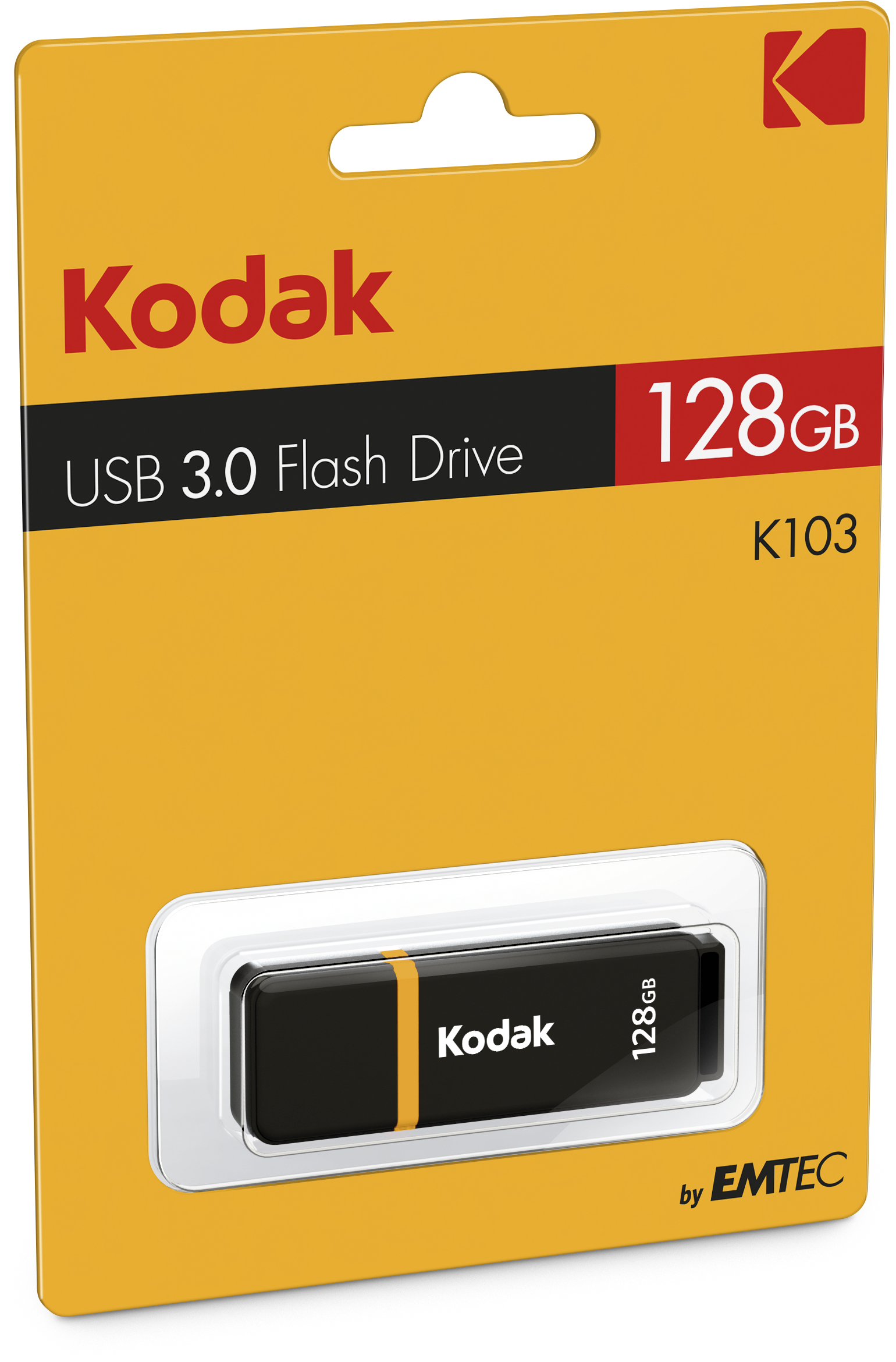 Pendrive USB 3.0 Kodak 128GB w żółto-czarnym opakowaniu.