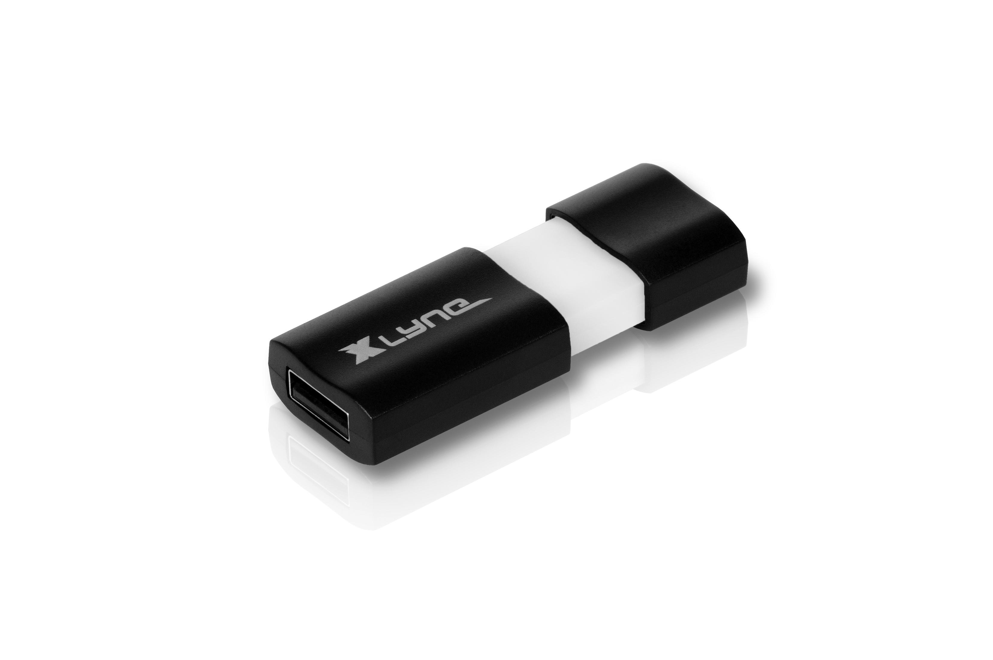 Un'unità USB Xlyne in bianco e nero con il marchio sopra.