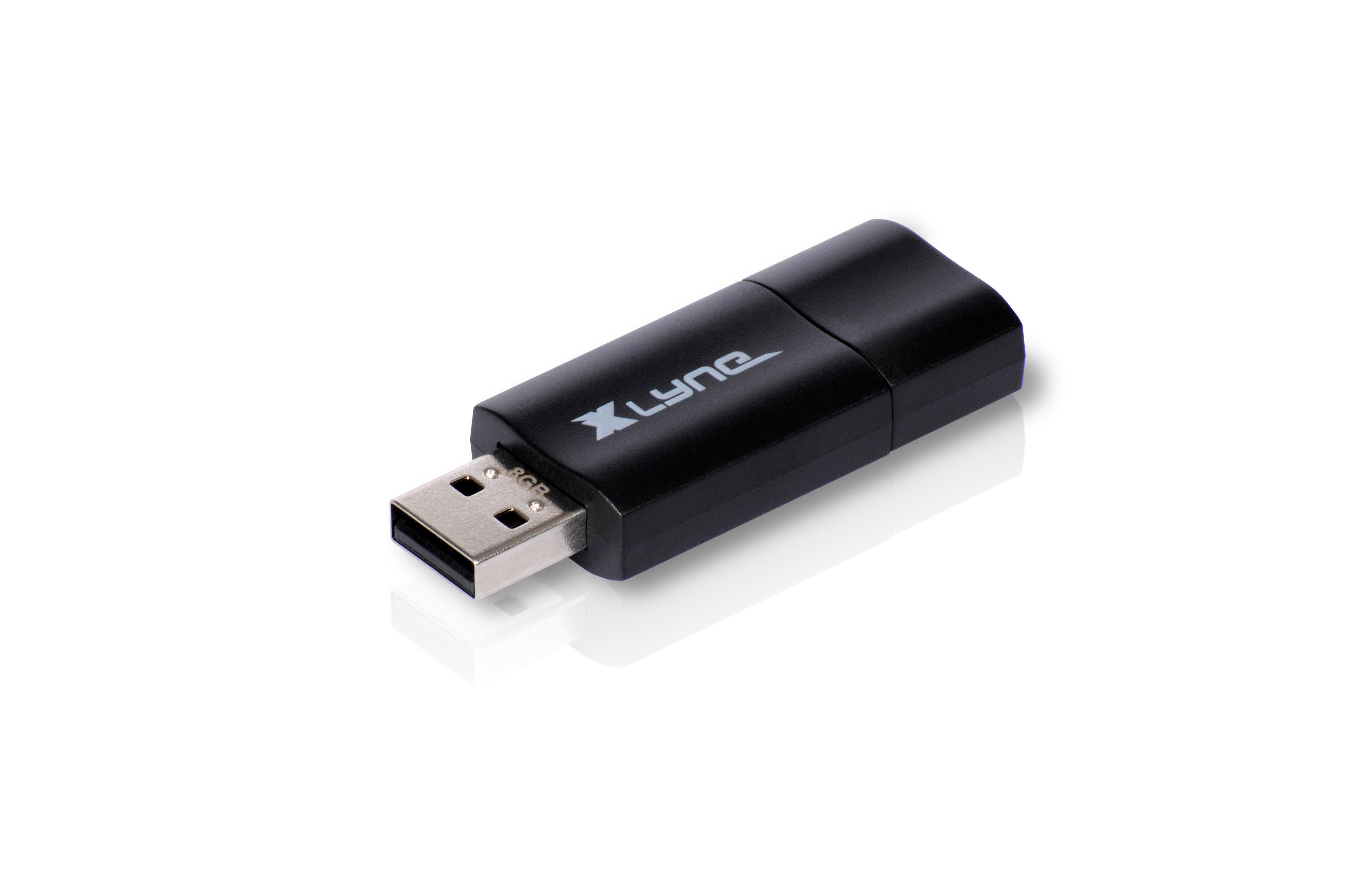 Chiavetta USB Xlyne nera. Ha un logo Xlyne bianco e '8GB' stampato.