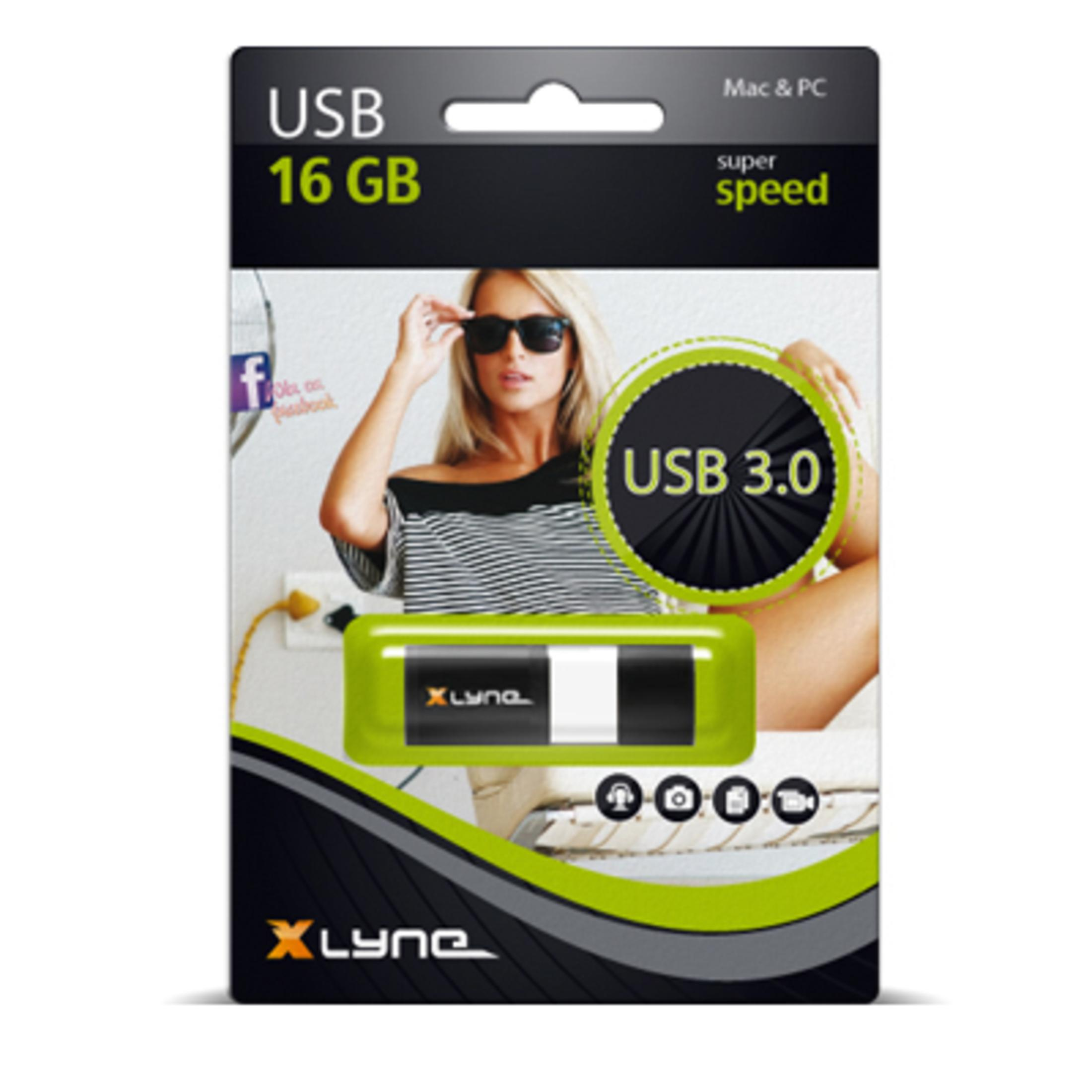 Confezione di chiavetta USB da 16 GB con una donna che indossa occhiali da sole.