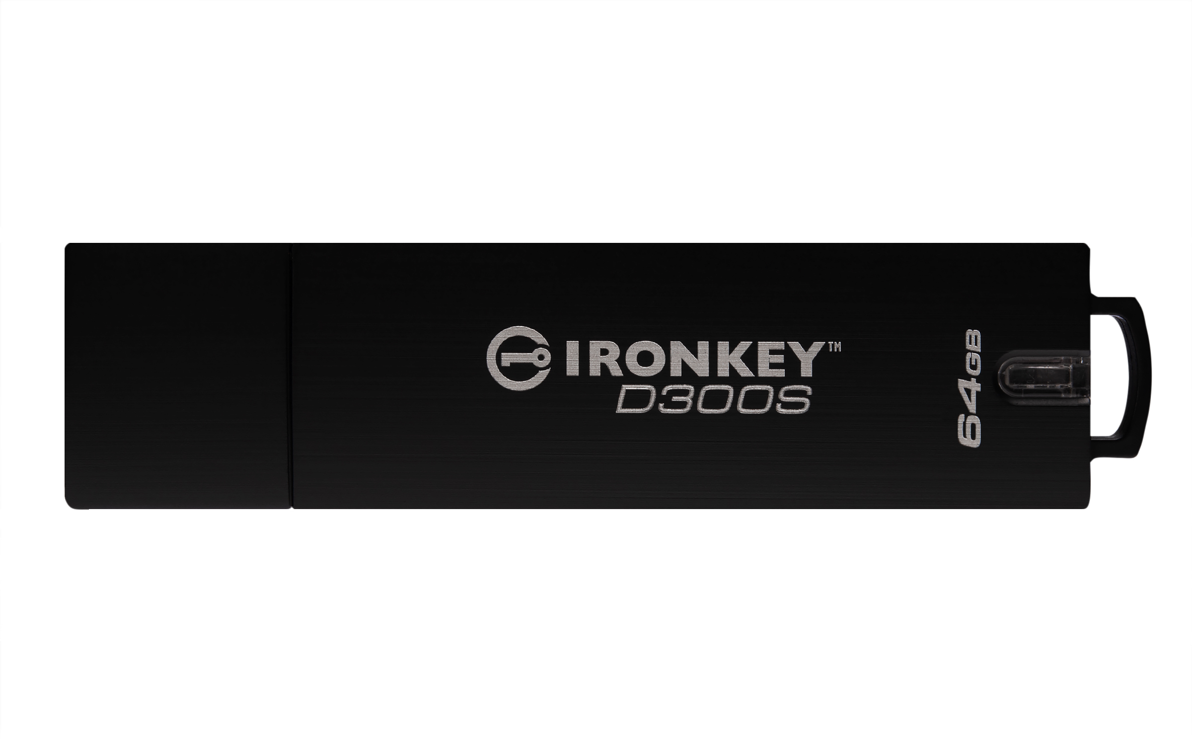 Chiavetta USB IronKey D300S nera. Ha una capacità di 64 GB e le etichette 'IronKey' e 'D300S'.