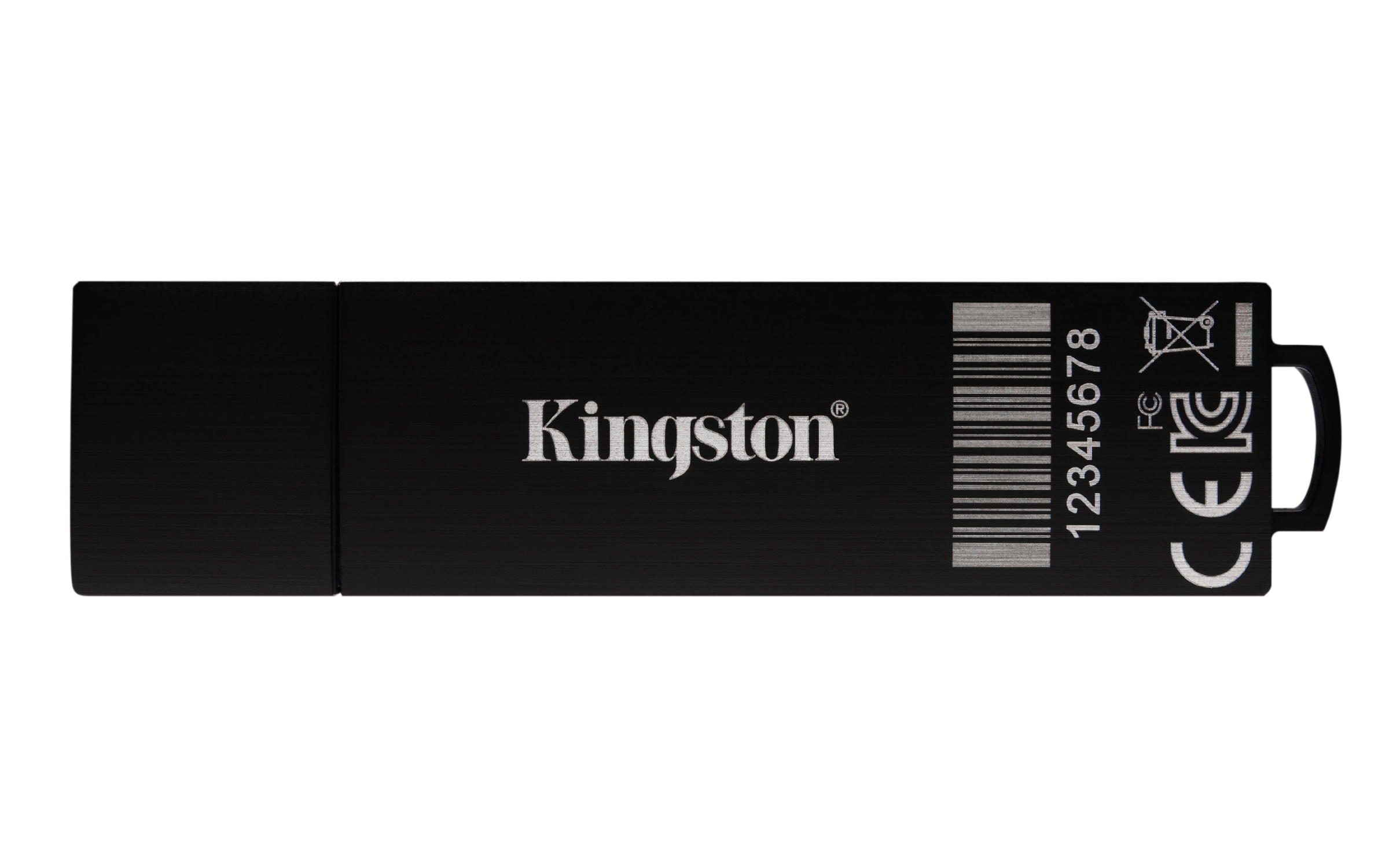 Chiavetta USB Kingston nera con logo 'Kingston' bianco e numero di serie.