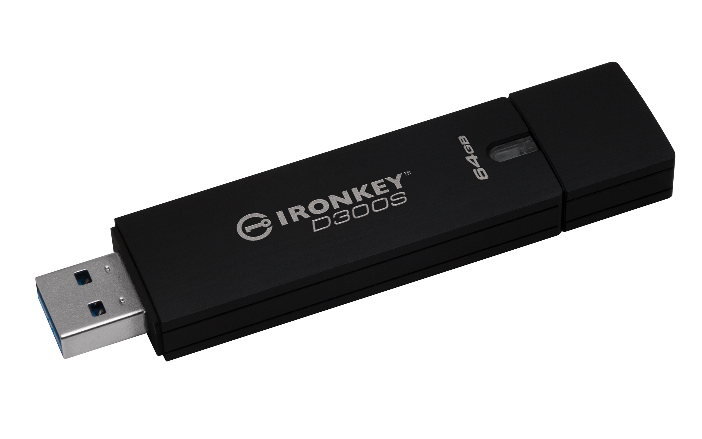 Chiavetta USB IronKey nera, capacità 64GB, su sfondo bianco.