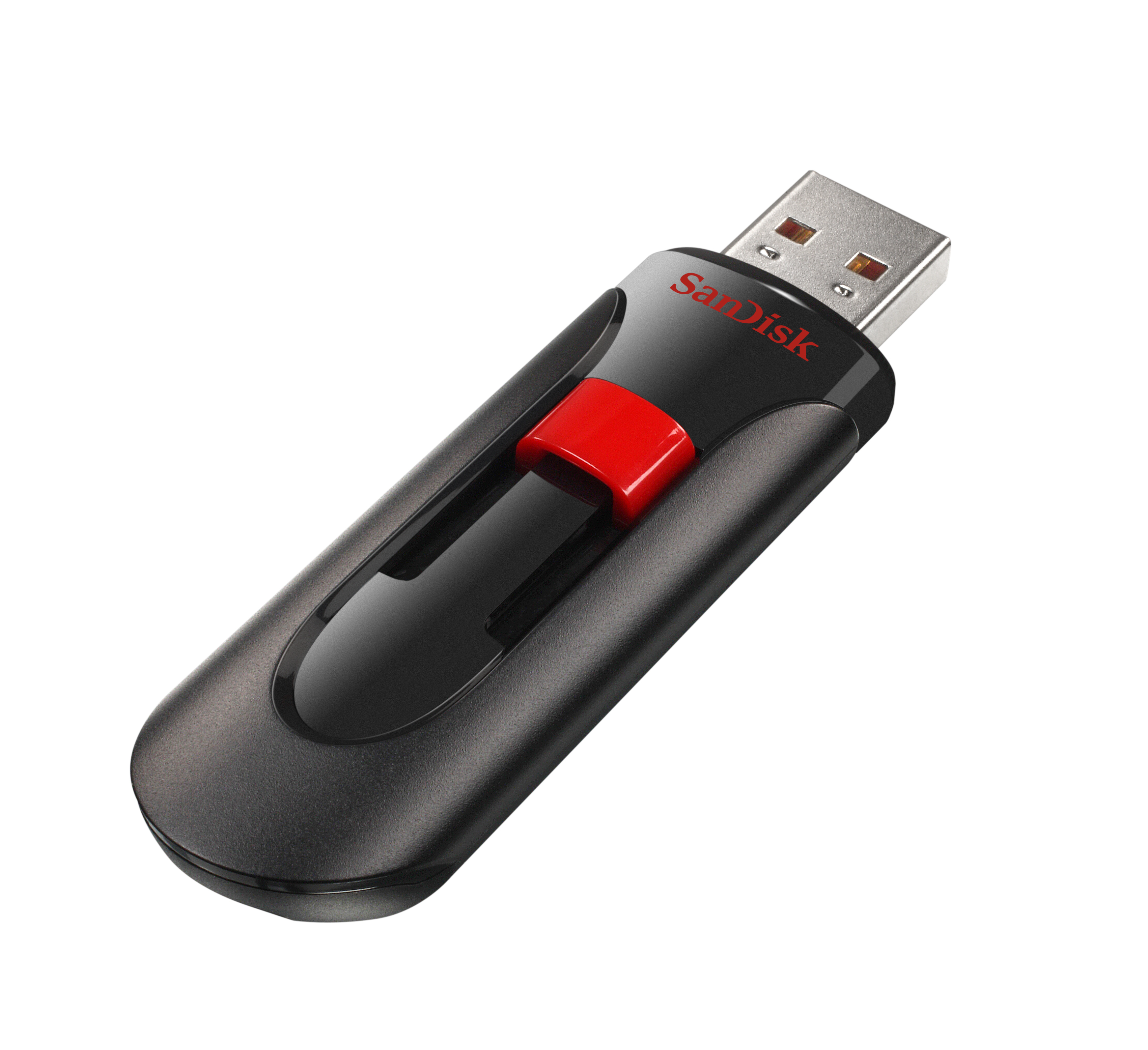 Unidad USB SanDisk negra y roja. La unidad tiene un control deslizante rojo.