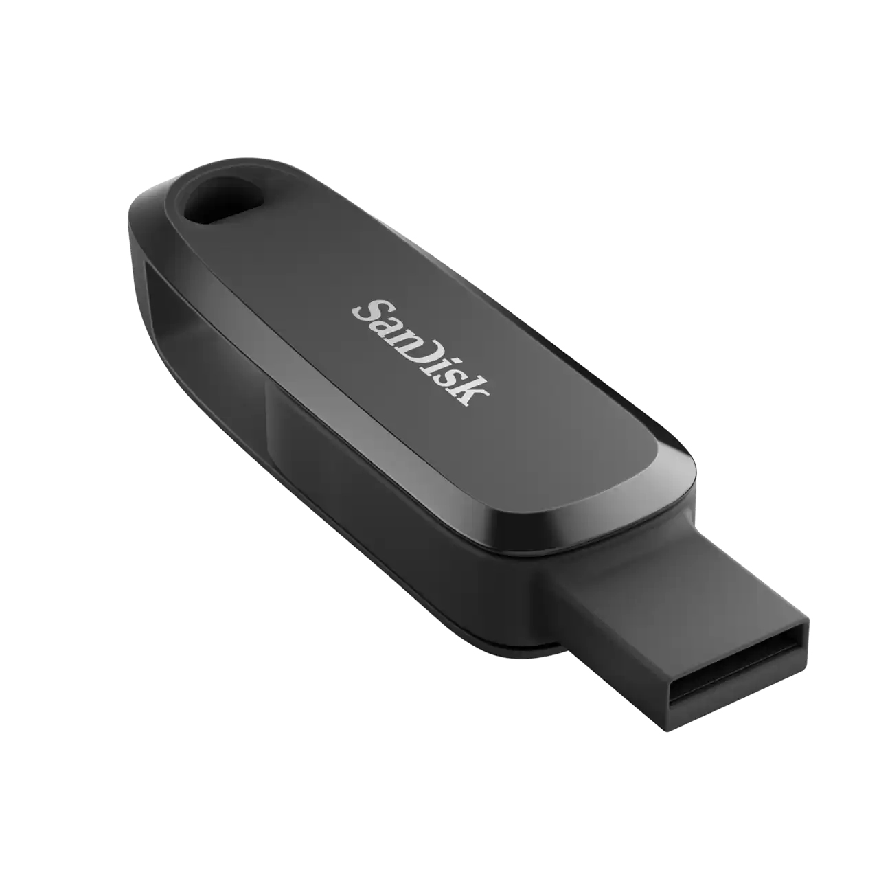 Chiavetta USB SanDisk nera. Ha un design curvo e il nome del marchio.