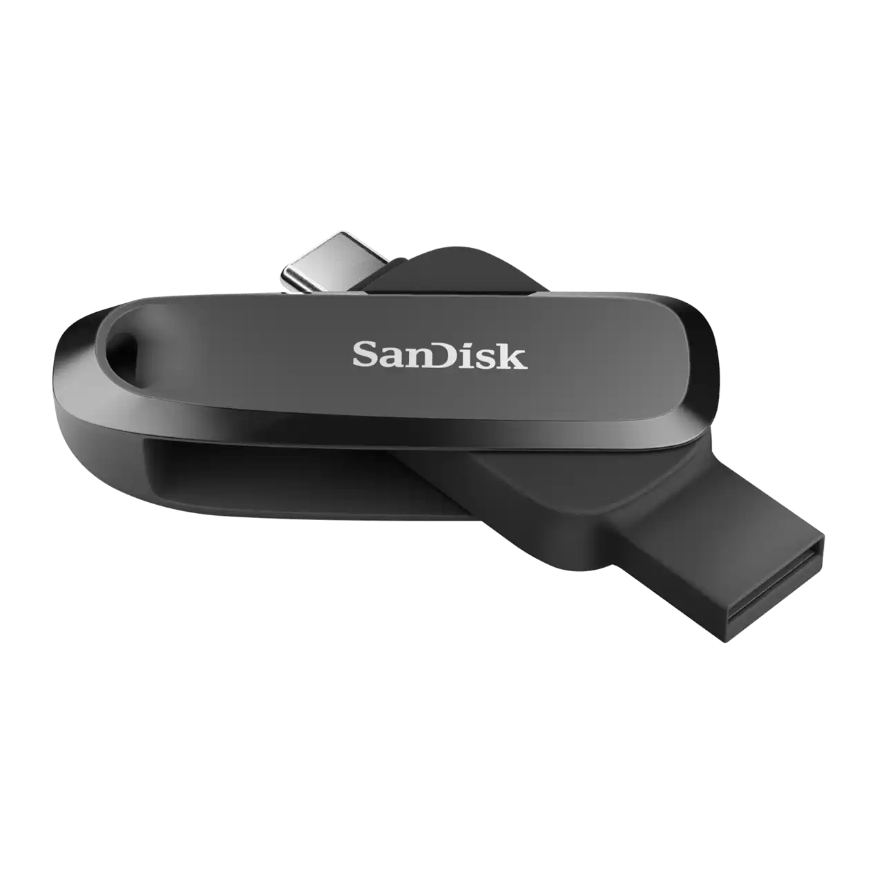 Chiavetta USB SanDisk nera e grigia. Connettori USB-C e USB standard. Sfondo bianco.
