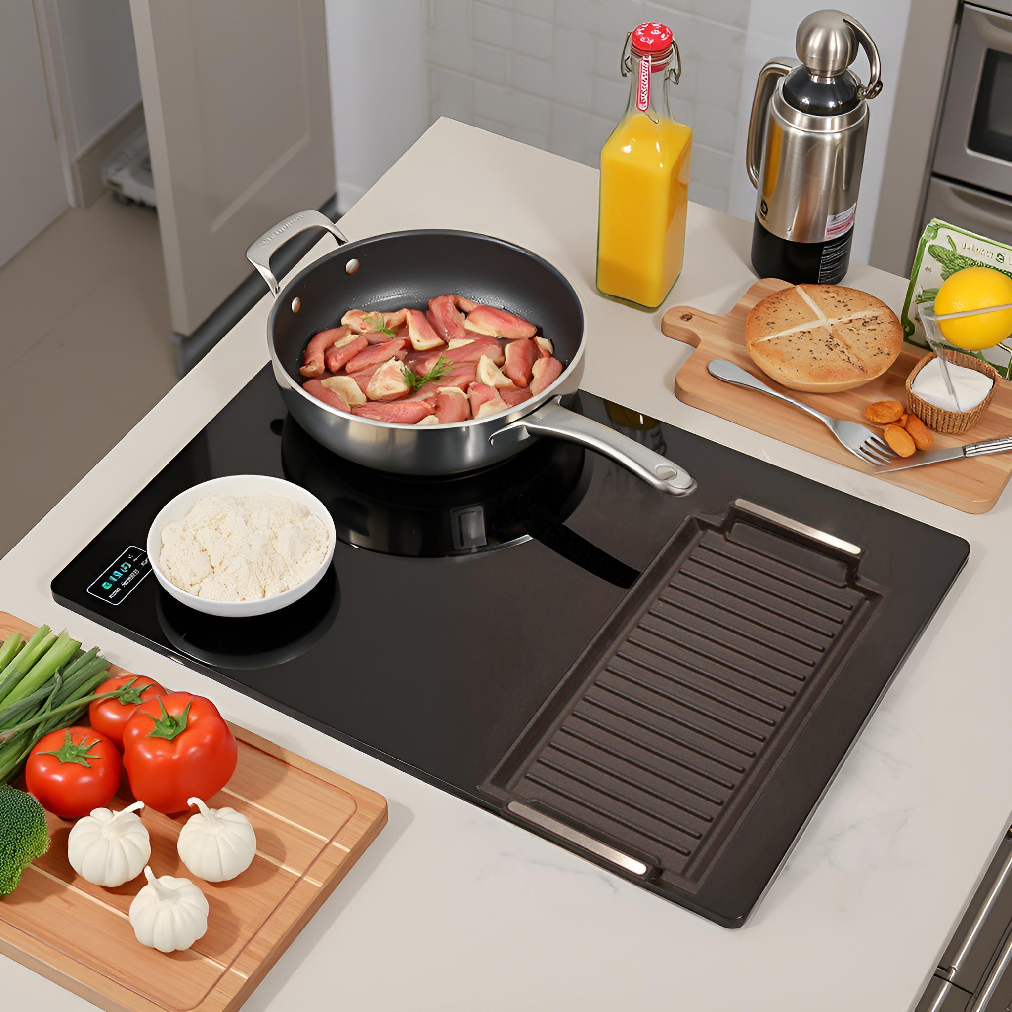 Escena de cocina con comida en una placa de cocina negra, incluyendo una sartén con comida y verduras.