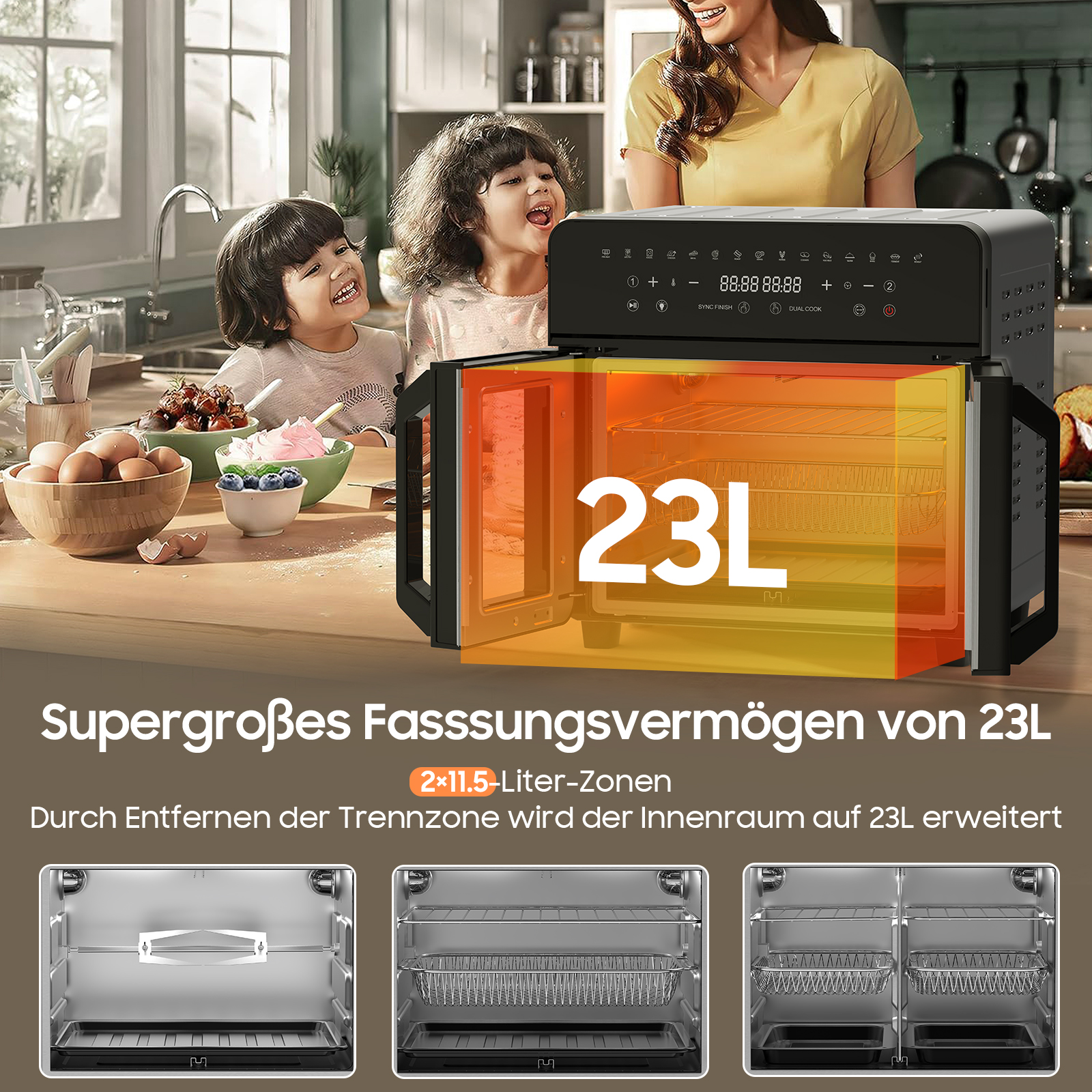 Heißluftfritteuse mit offener Tür. Zwei Kinder schauen hinein. 23L Fassungsvermögen angezeigt.