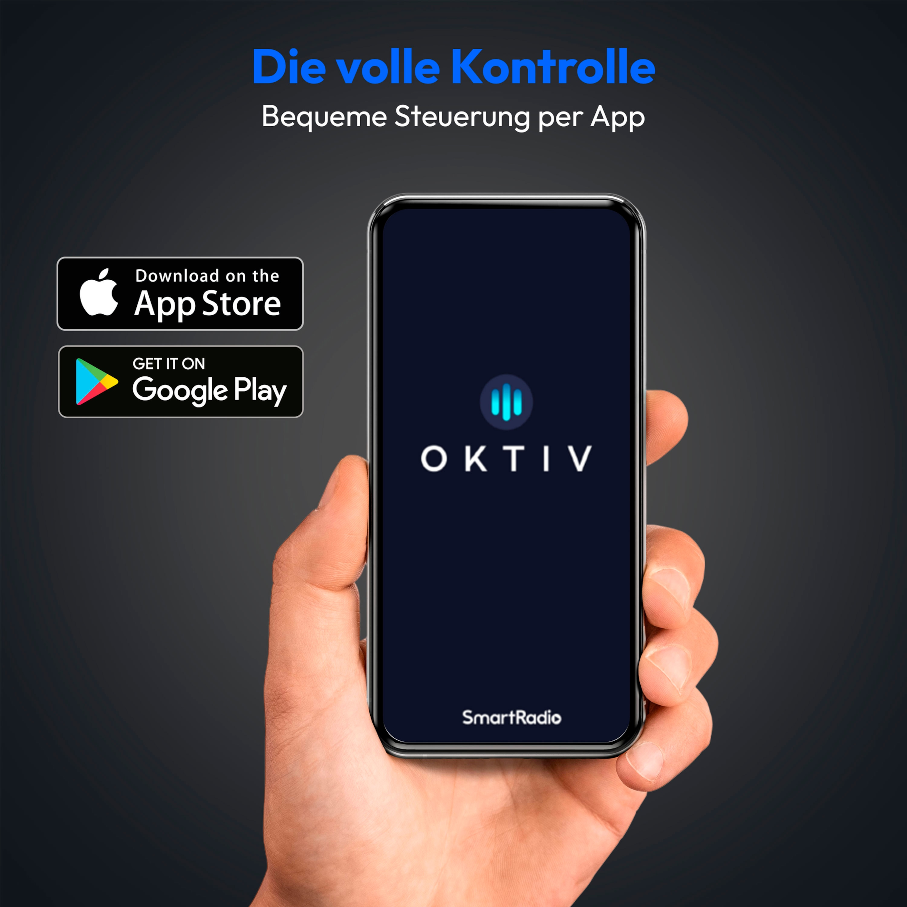 Dłoń trzymająca telefon wyświetlający logo aplikacji. Tło jest ciemne i ma logo sklepów z aplikacjami.