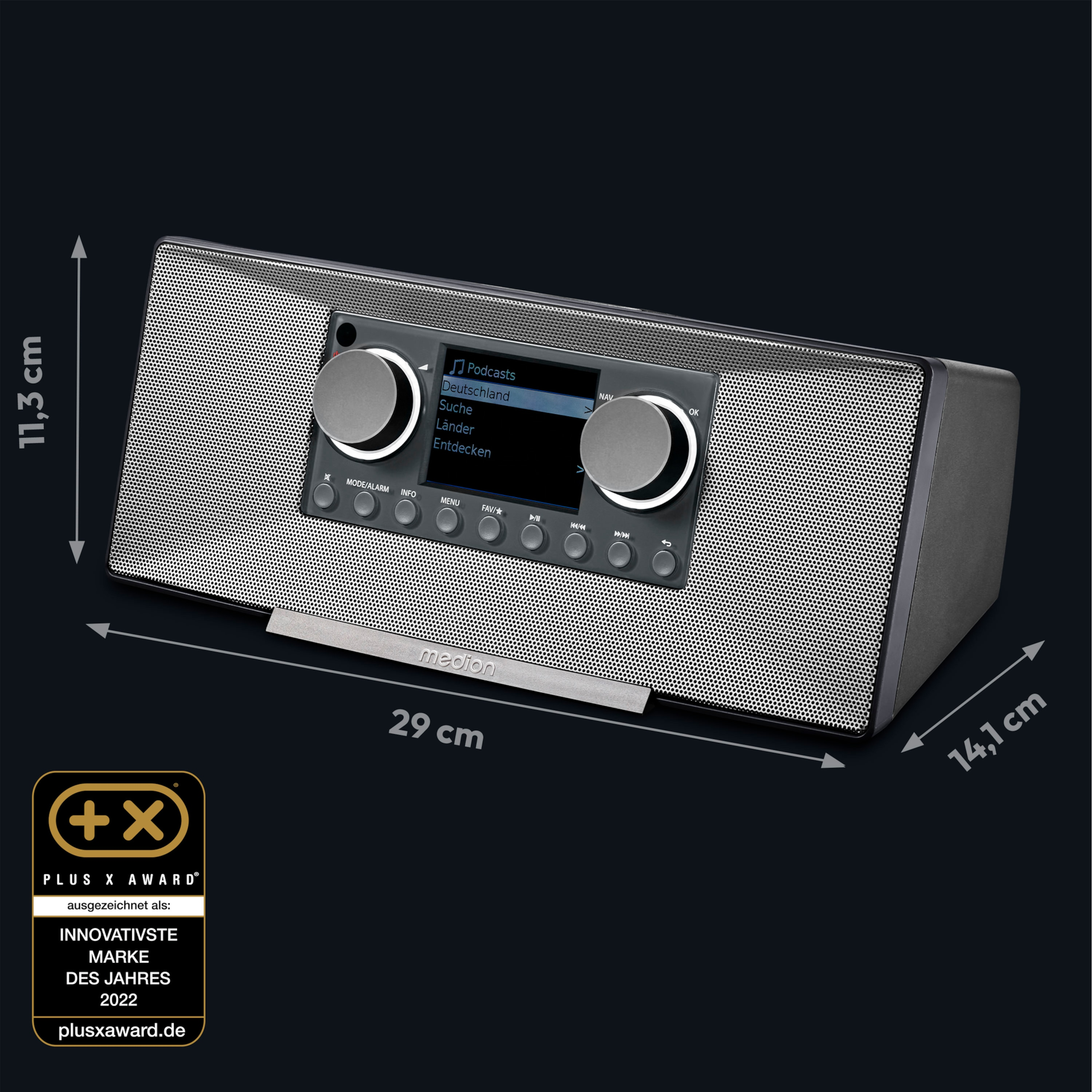 Czarne radio z ekranem. Widoczne teksty, wymiary i logo Plus X Award.