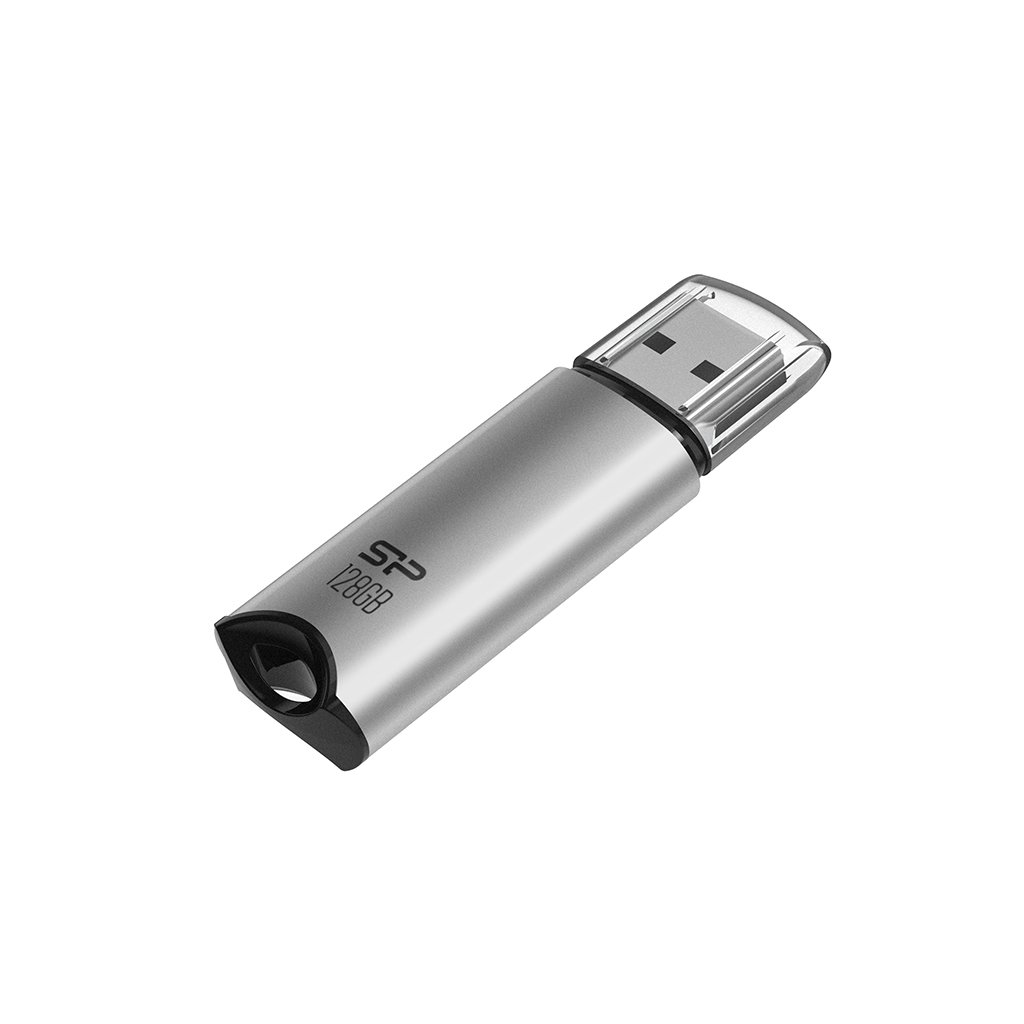 Srebrny napęd USB z czarnymi akcentami. Na napędzie nadrukowano 'SP 128GB'.