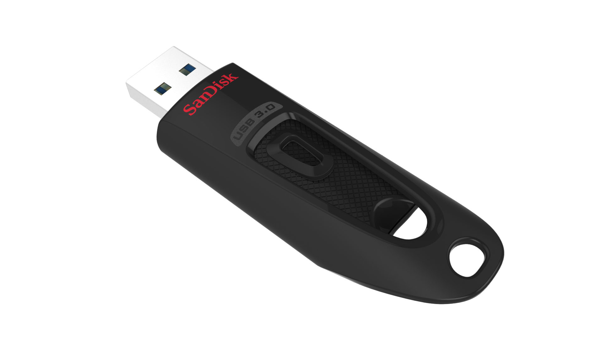 Chiavetta USB 3.0 SanDisk nera, con logo e testo rossi. Ha un'impugnatura strutturata.
