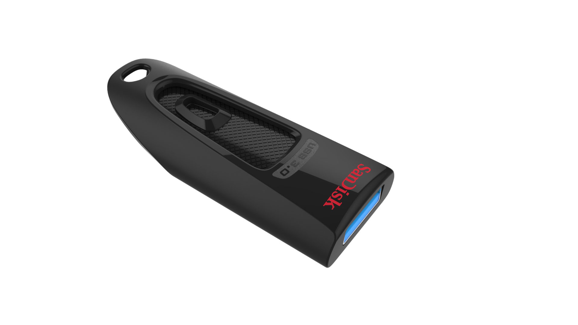 Chiavetta USB 3.0 SanDisk nera con luce indicatore blu, angolata su sfondo bianco.
