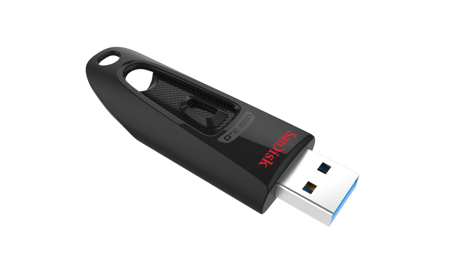 Chiavetta USB SanDisk nera con connettore blu. L'unità ha il logo USB 3.0.