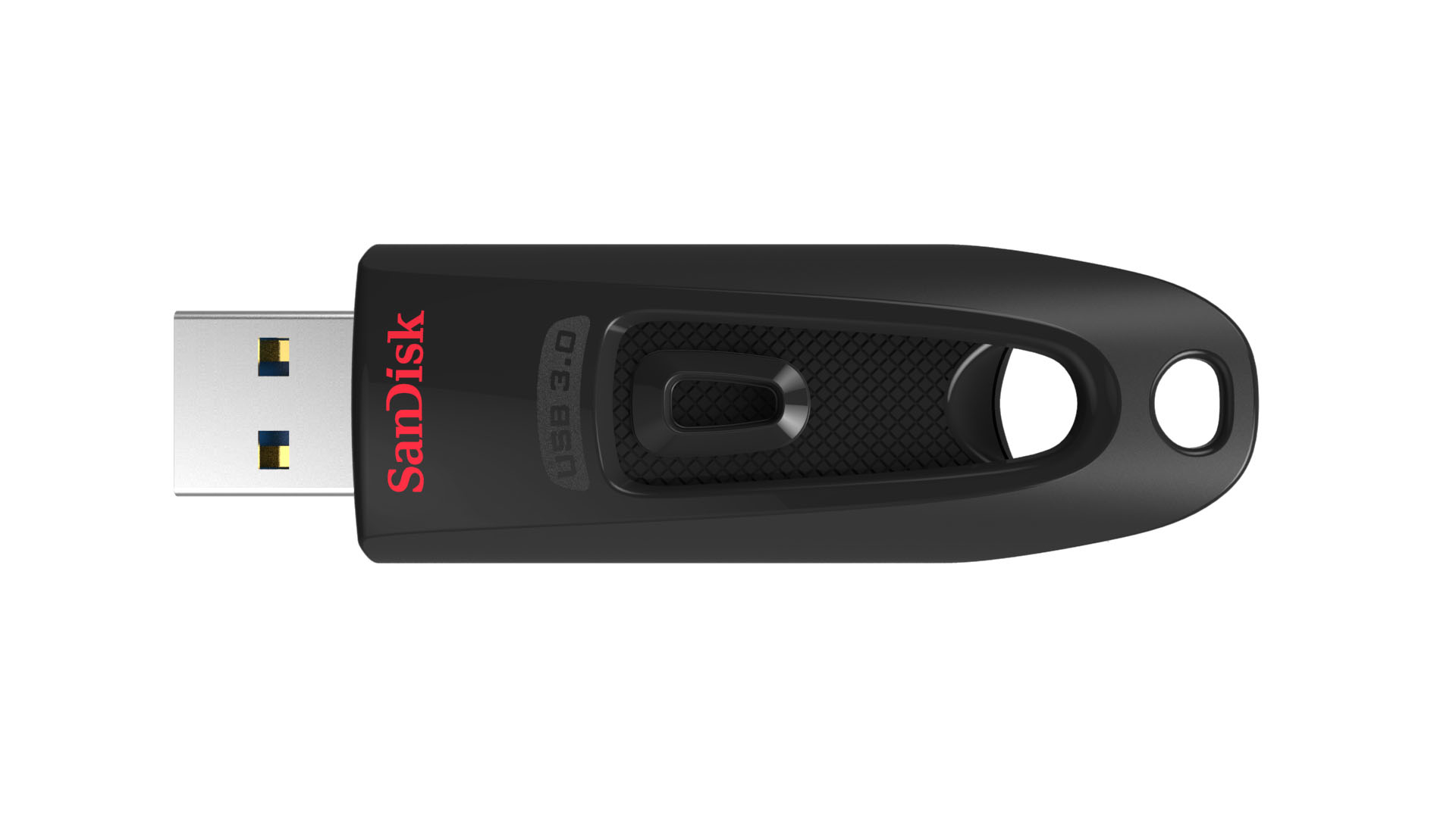 Chiavetta USB Sandisk nera con logo rosso e connettore argento. Sfondo bianco.