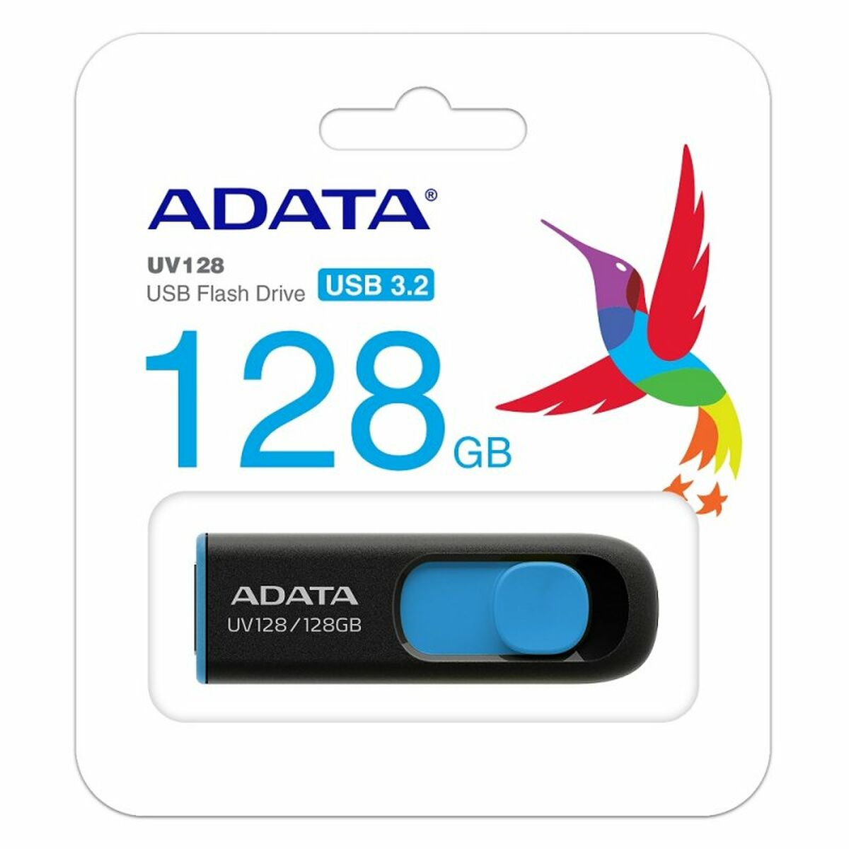 Dysk flash USB ADATA w opakowaniu. Dysk jest czarny i niebieski, odczytuje 128 GB.