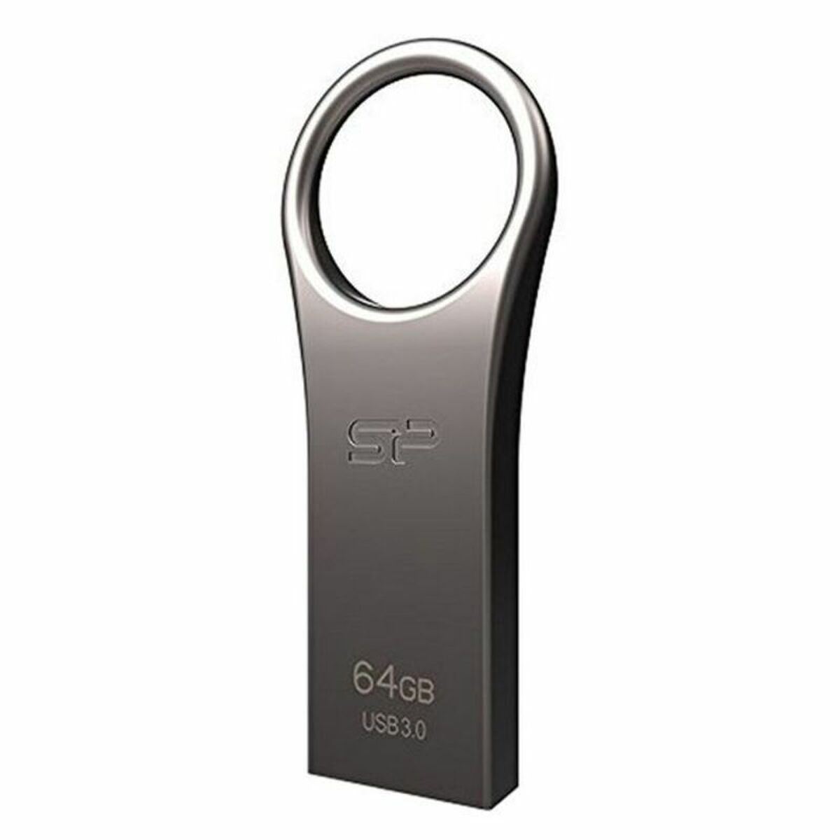 Chiavetta USB SP argentata su sfondo bianco.
