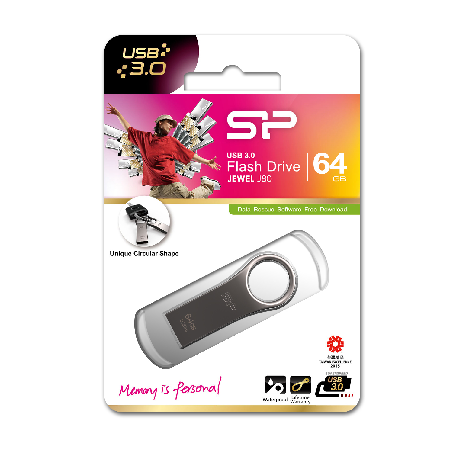 Confezione di una chiavetta USB. Un uomo salta sullo sfondo.