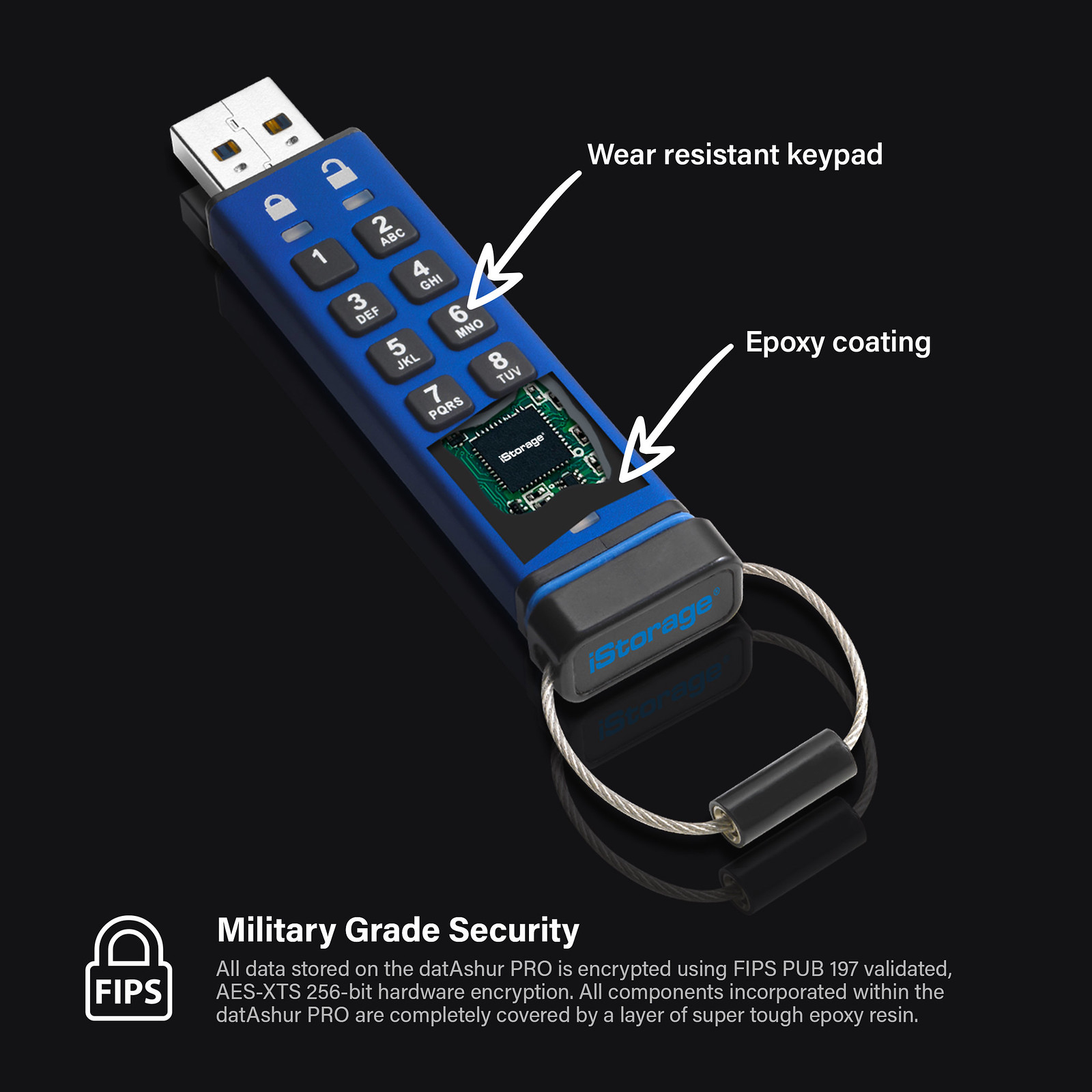 Blauer iStorage datAshur PRO USB-Stick mit Tastatur. Das Laufwerk hat eine Metallschlaufe.