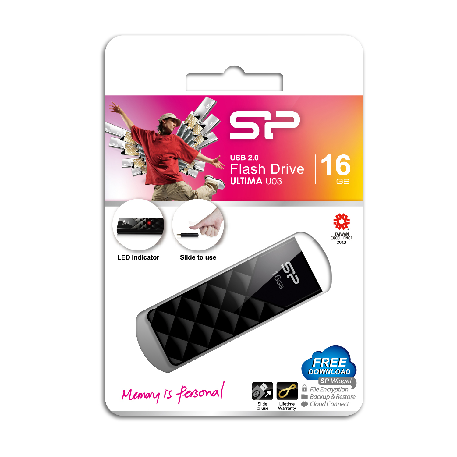 Confezione di chiavetta USB con immagine dell'unità, una persona e testo sulle funzionalità.