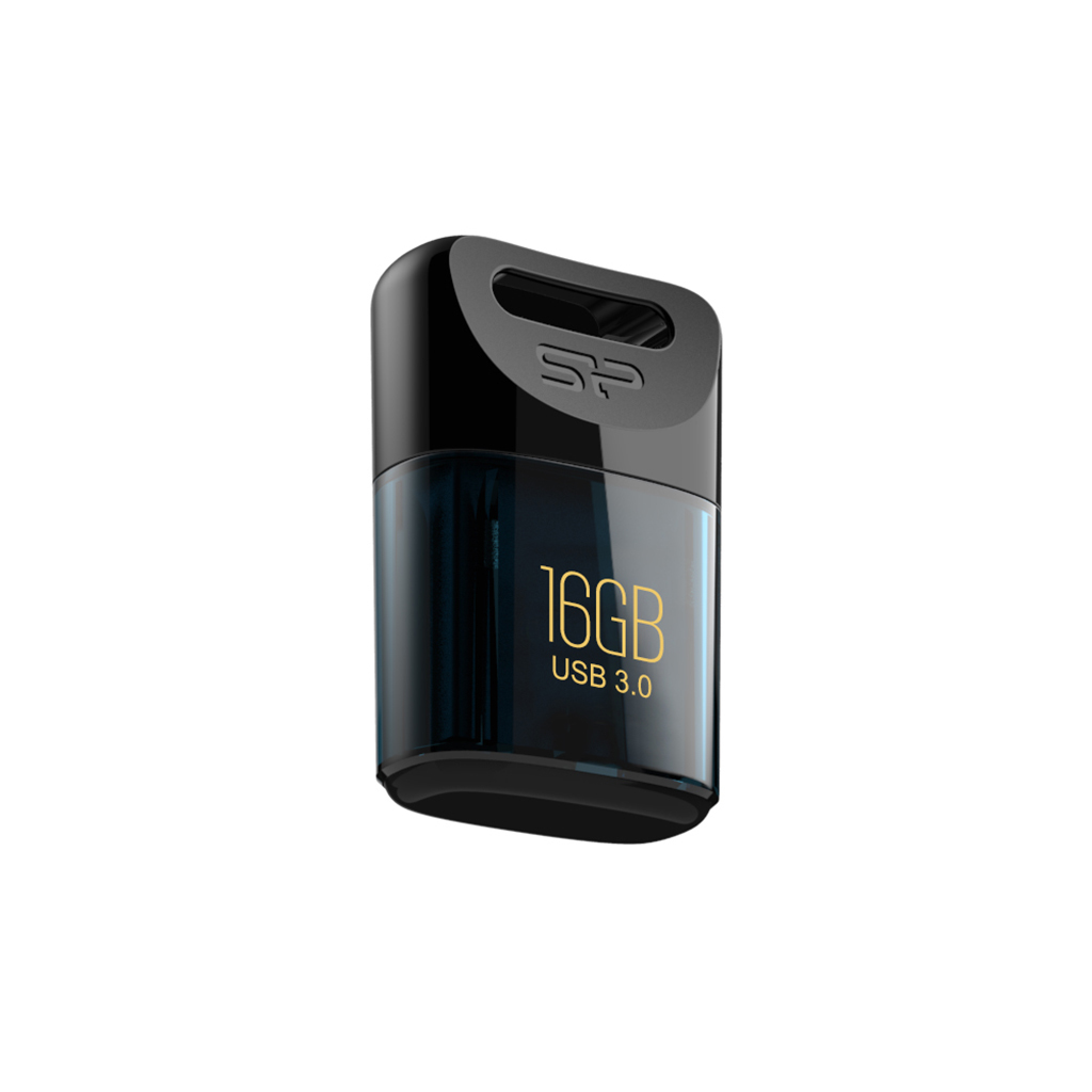 Un'unità USB nera e trasparente con un anello nero e la scritta 16GB USB 3.0 in oro.
