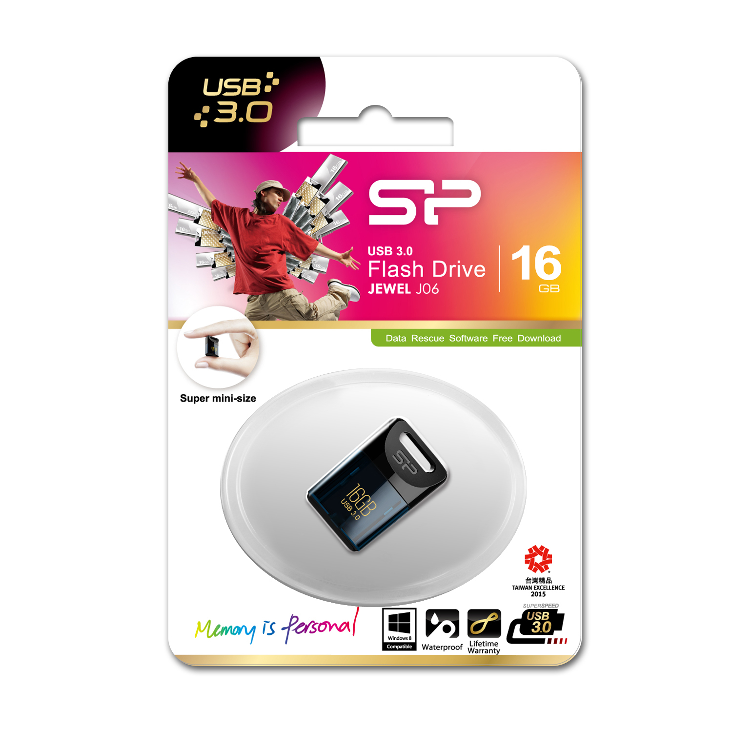 Chiavetta USB in confezione con una persona. La confezione dice '16GB' e 'USB 3.0'.