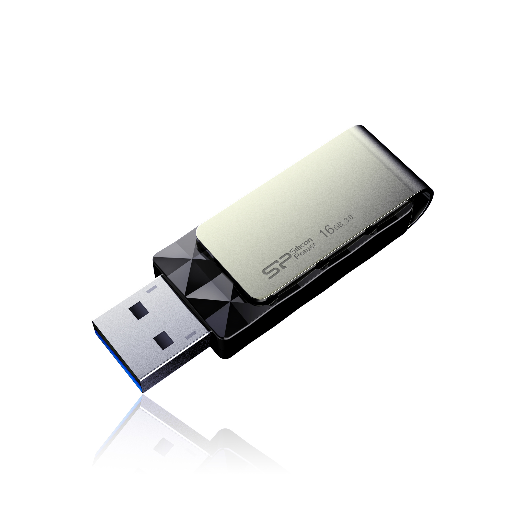 Chiavetta USB Silicon Power argento e nera. Sfondo bianco. 16GB.