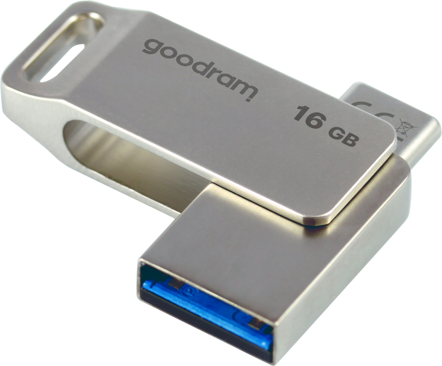 Srebrny pendrive USB z napisem 'goodram 16 GB'. Jest lekko otwarty i widoczna jest niebieska część.