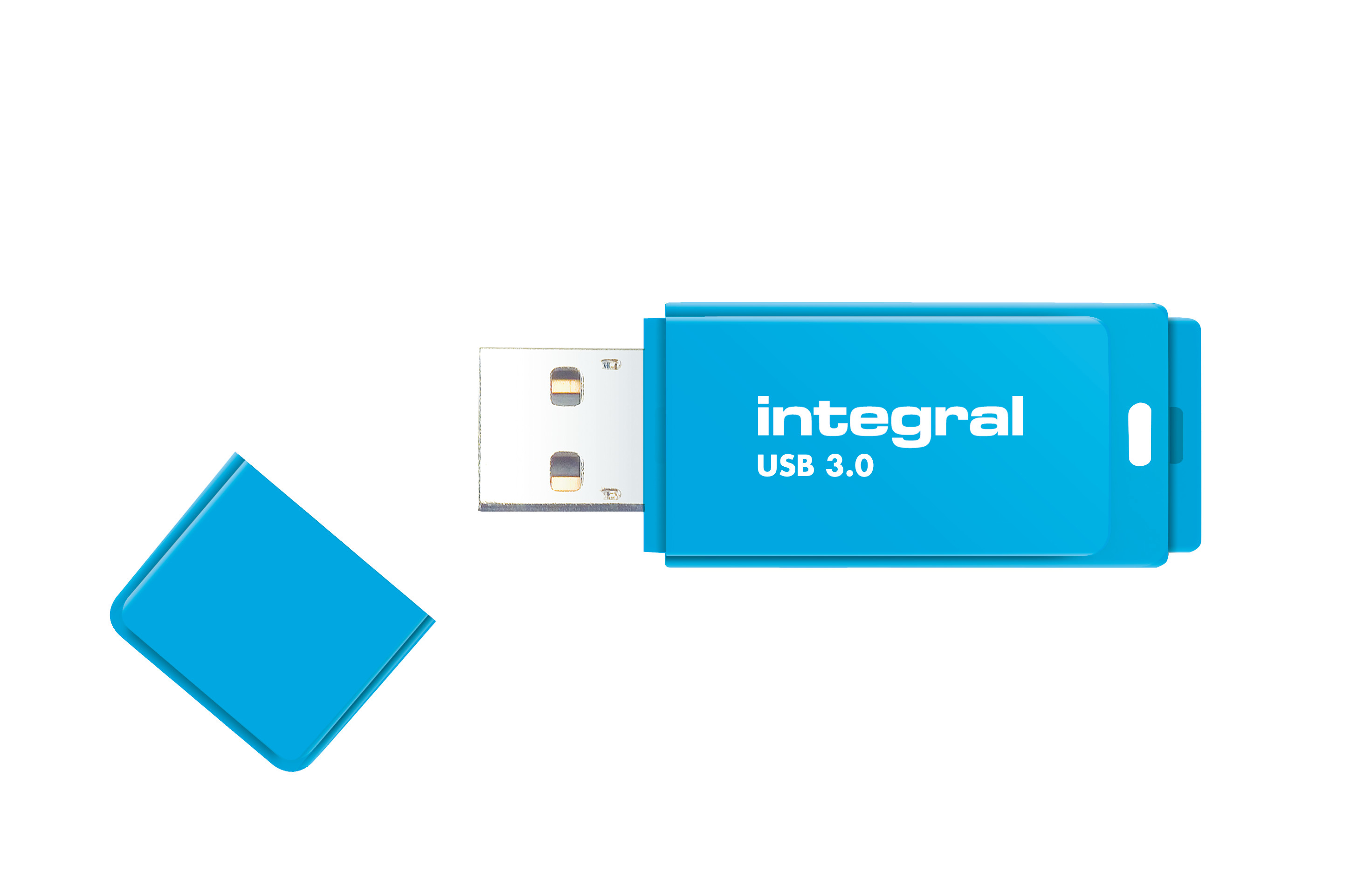 Niebieski pendrive USB z napisem 'integral USB 3.0'. Nasadka jest oddzielnym elementem.