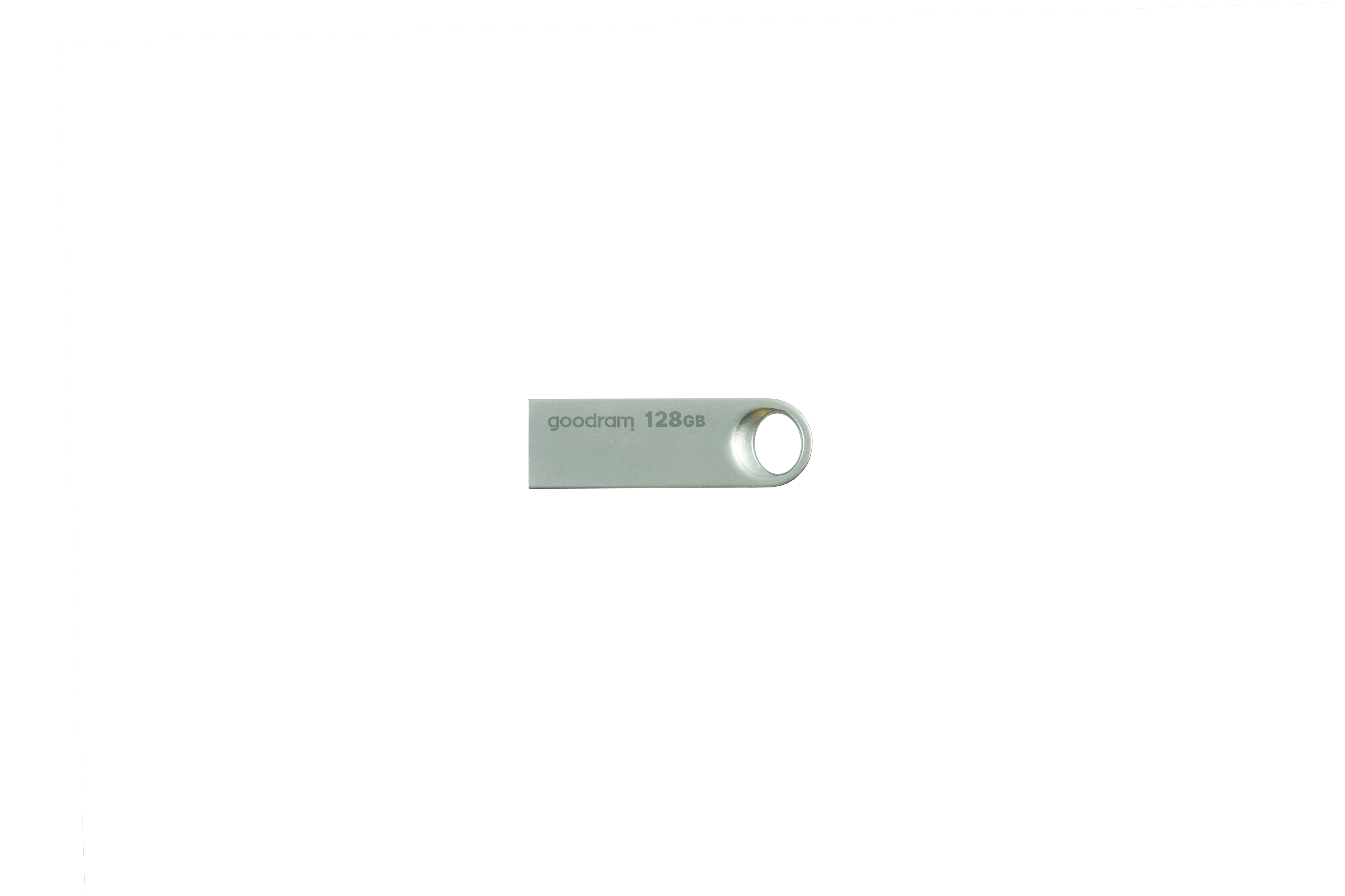 Chiavetta USB argentata con testo, sfondo bianco.