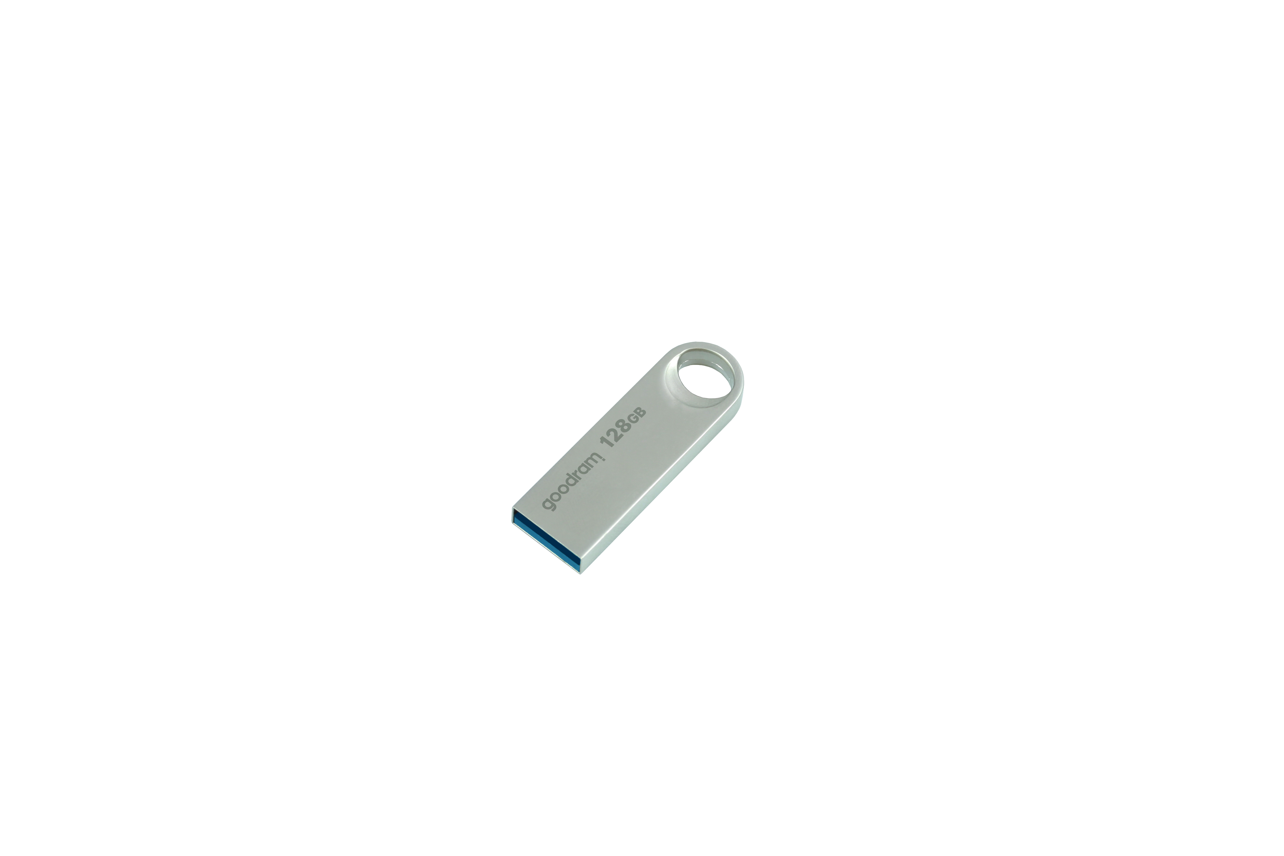 Chiavetta USB Goodram 128GB argentata su sfondo bianco.