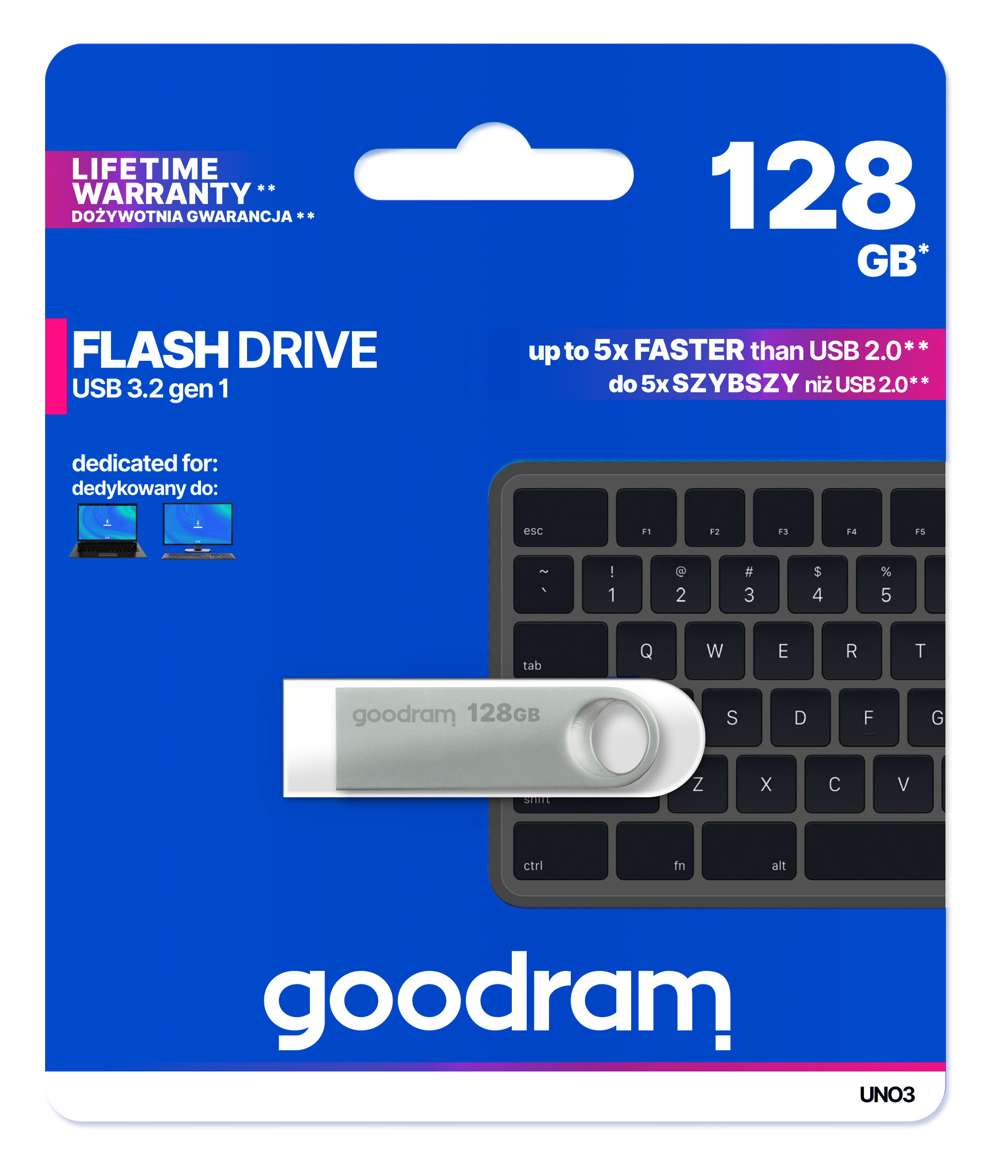 Una chiavetta USB in una confezione, con tastiera sullo sfondo.