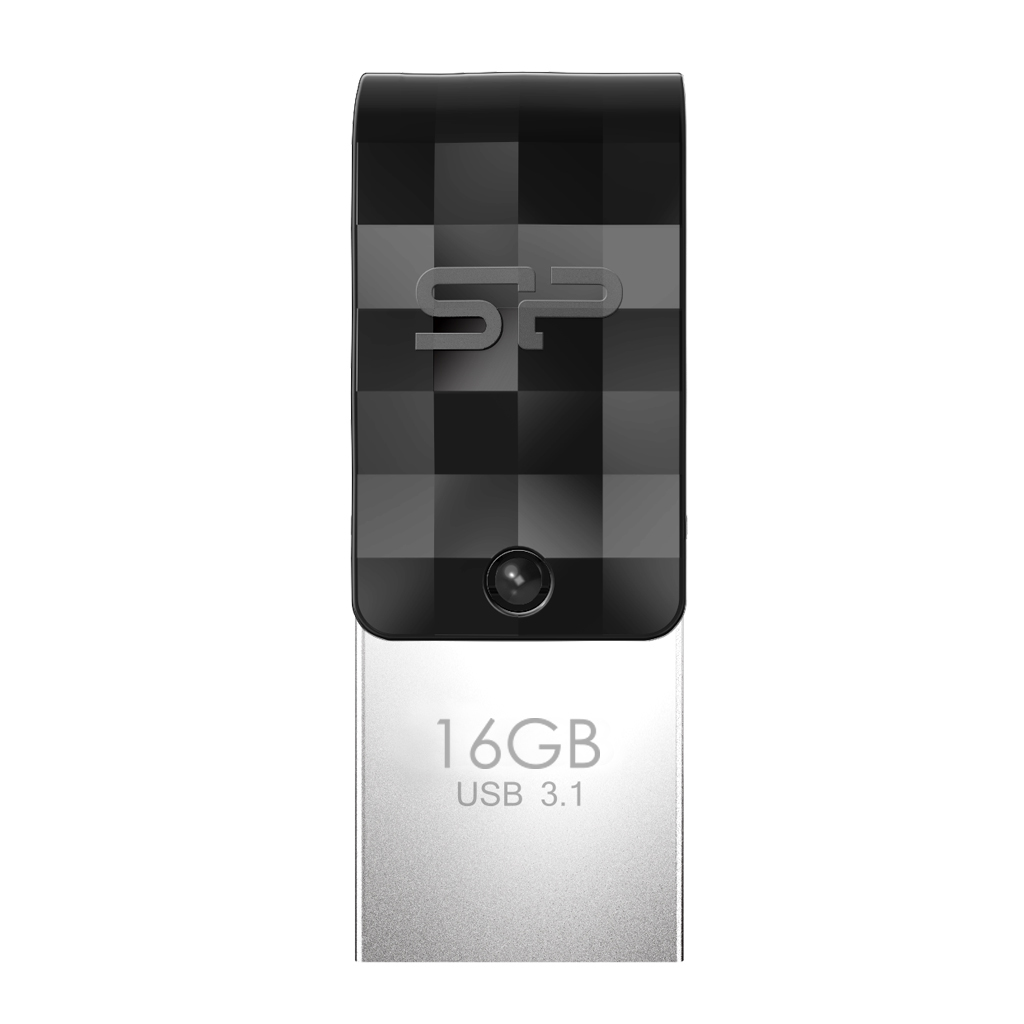 Clé USB noire et argentée avec un motif à carreaux sur fond blanc. La marque est SP.