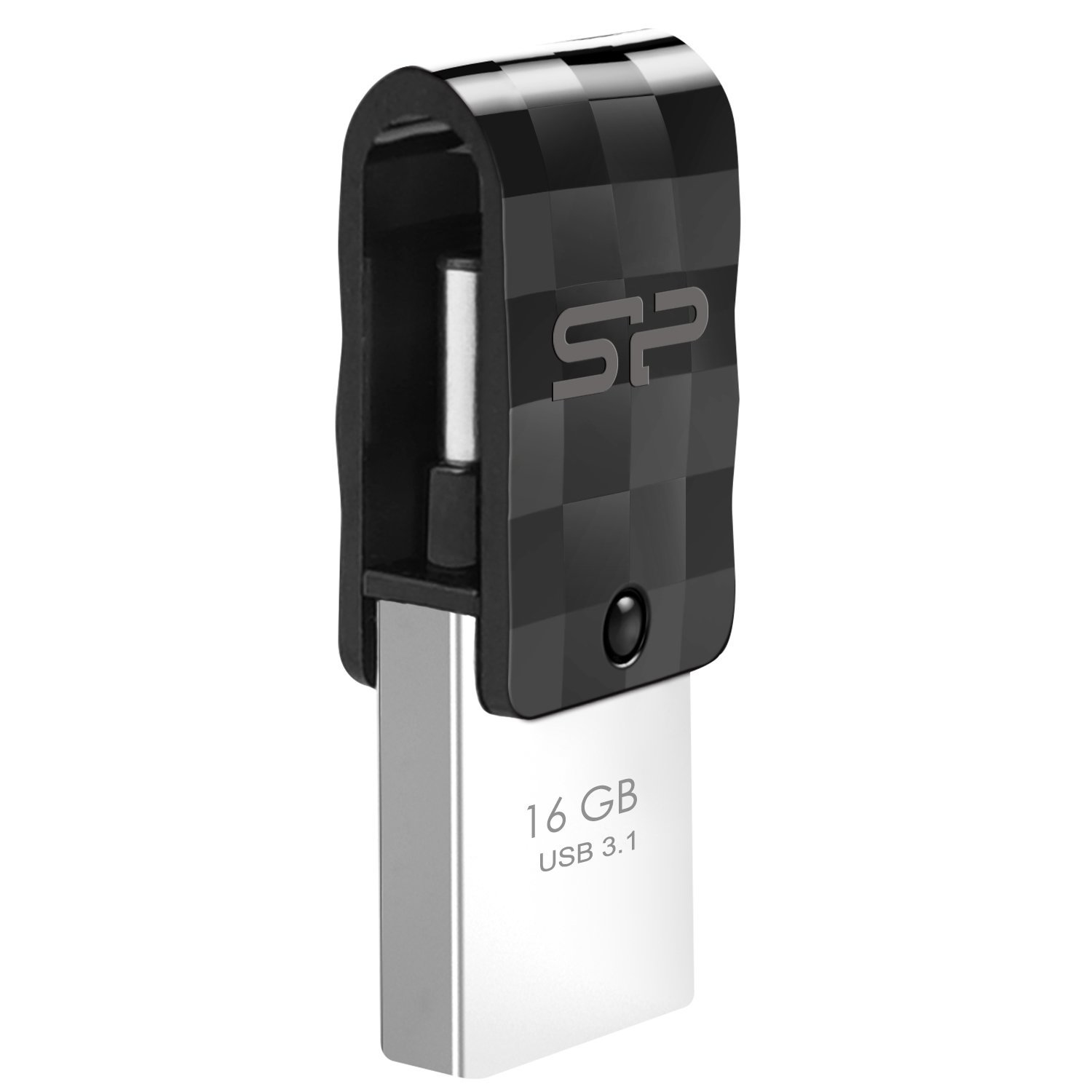 Clé USB noire et argentée avec un clip noir. 16 Go et USB 3.1 sont visibles.