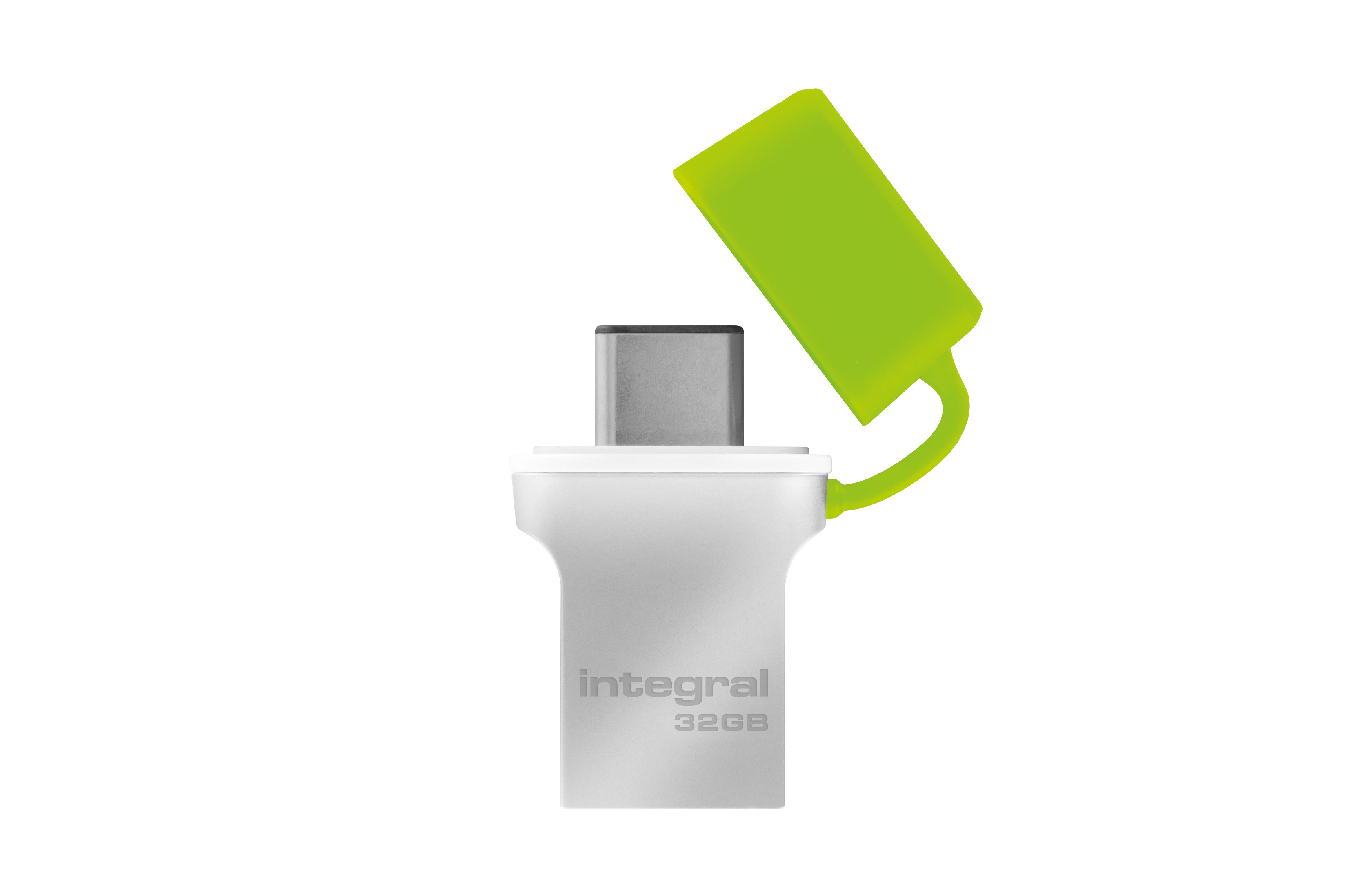 Chiavetta USB argentata con cappuccio verde. È su sfondo bianco.