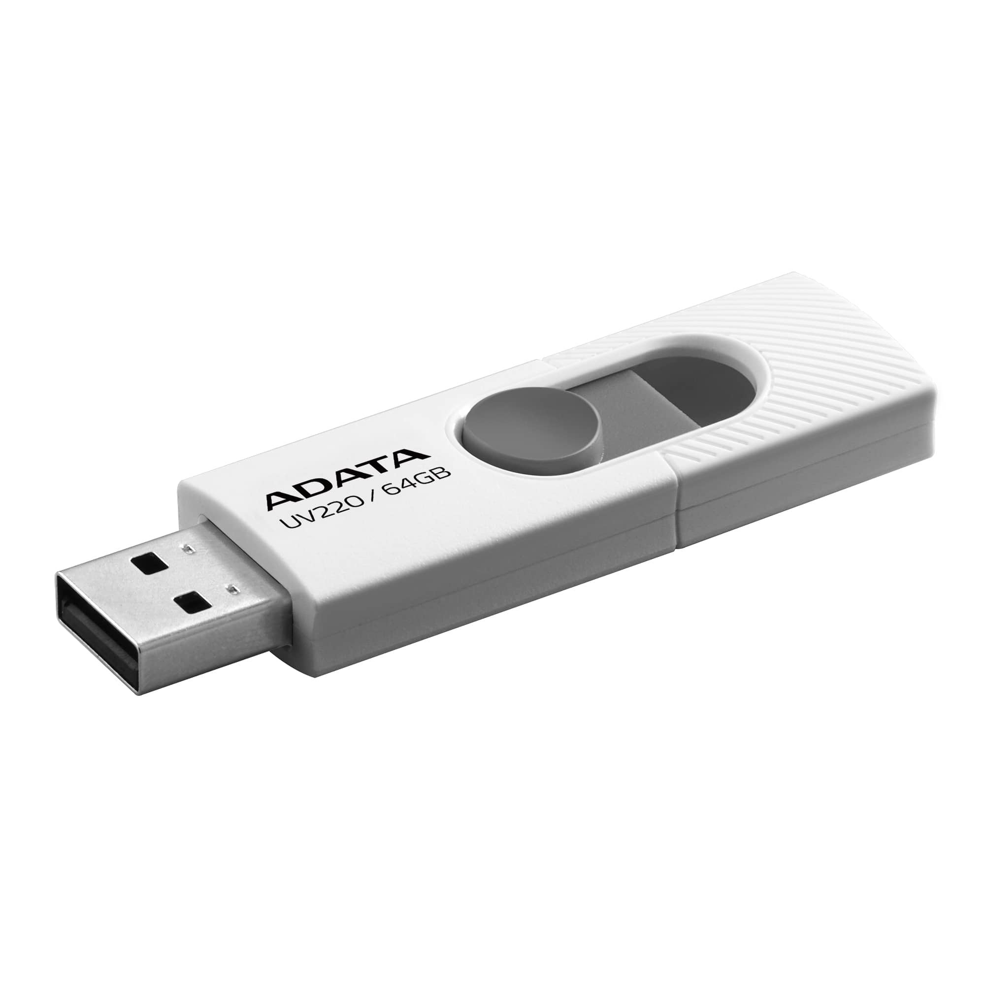 Chiavetta USB bianca con cursore grigio. ADATA UV220/64GB stampato.