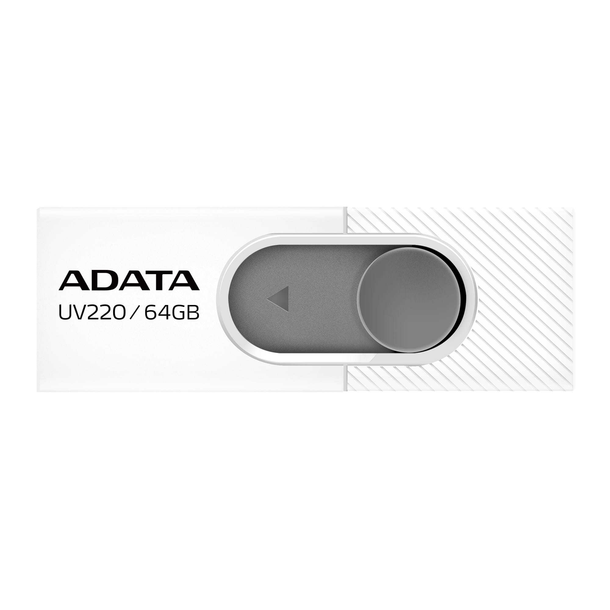 Chiavetta USB bianca con cursore grigio e la scritta 'ADATA UV220/64GB'.