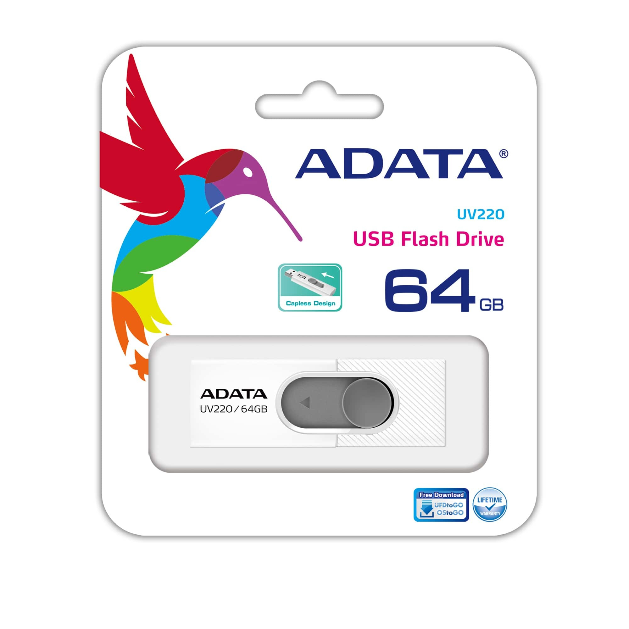 Unità USB in confezione. Design bianco e grigio, con grafica di uccello. 64GB.