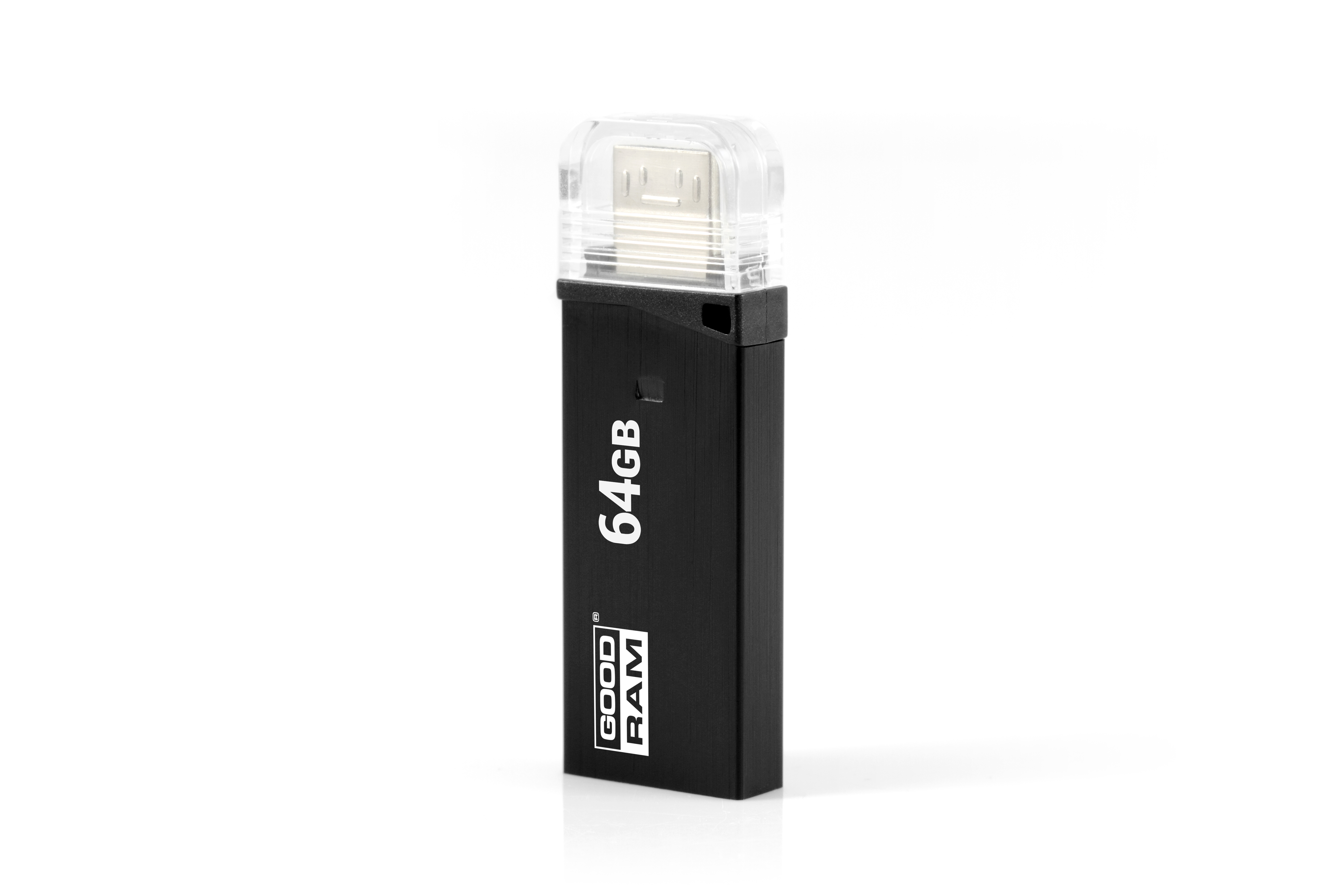 Chiavetta USB nera con cappuccio trasparente e la scritta '64GB'.