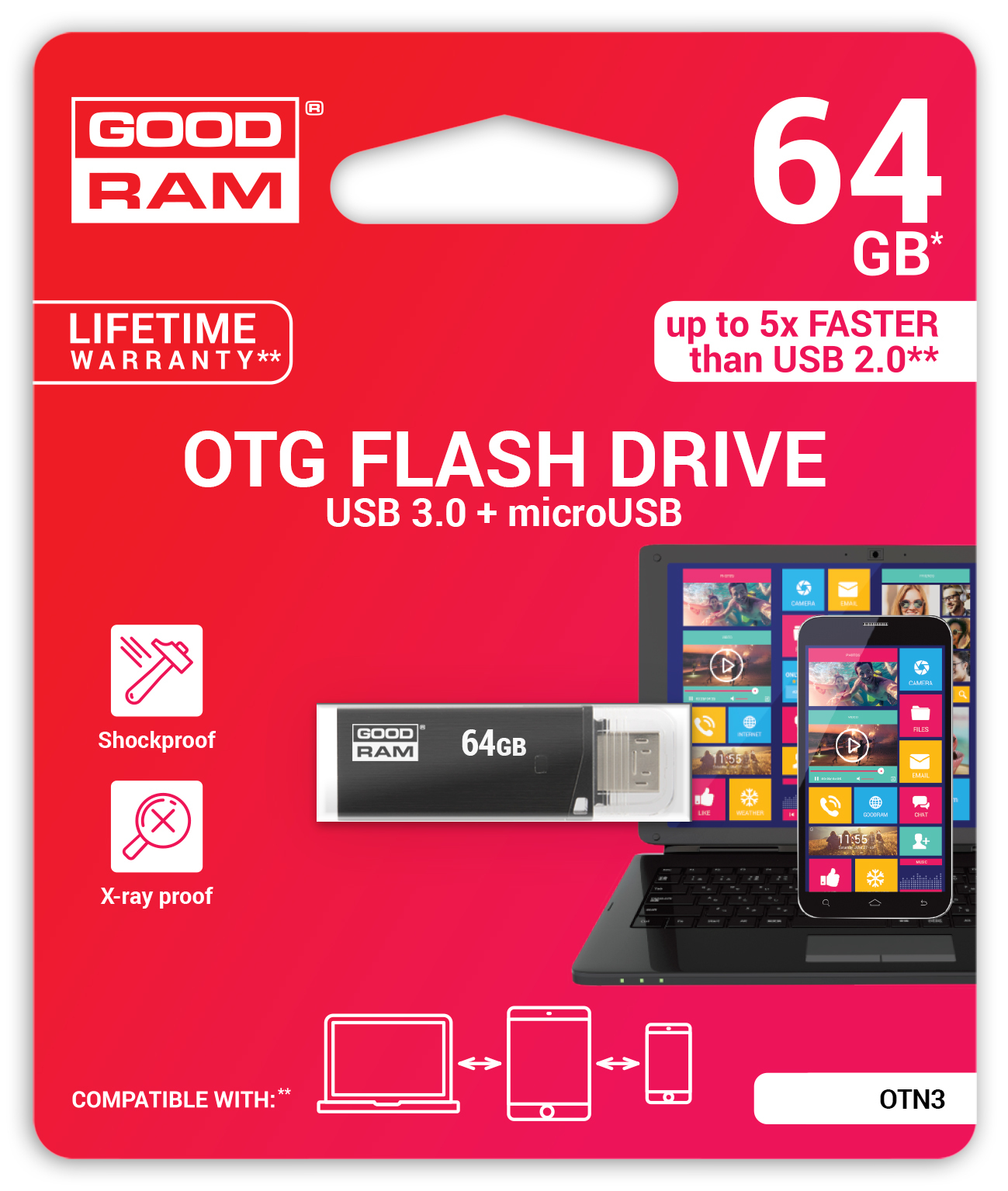 Confezione di chiavetta USB rossa e bianca. Include un'illustrazione della chiavetta USB e testo su OTG e capacità di 64 GB.