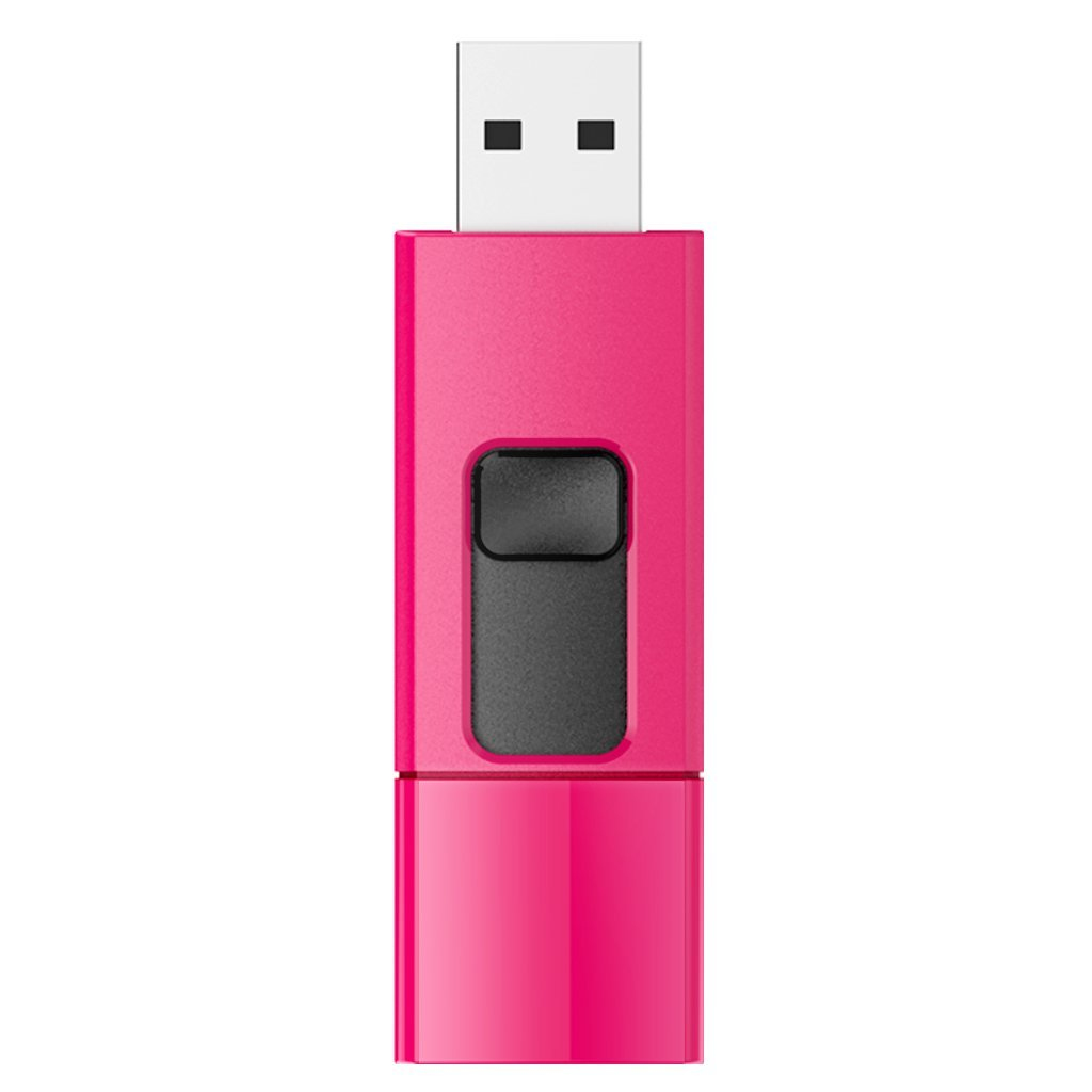Chiavetta USB rosa con pulsante nero e fondo nero, su sfondo bianco.